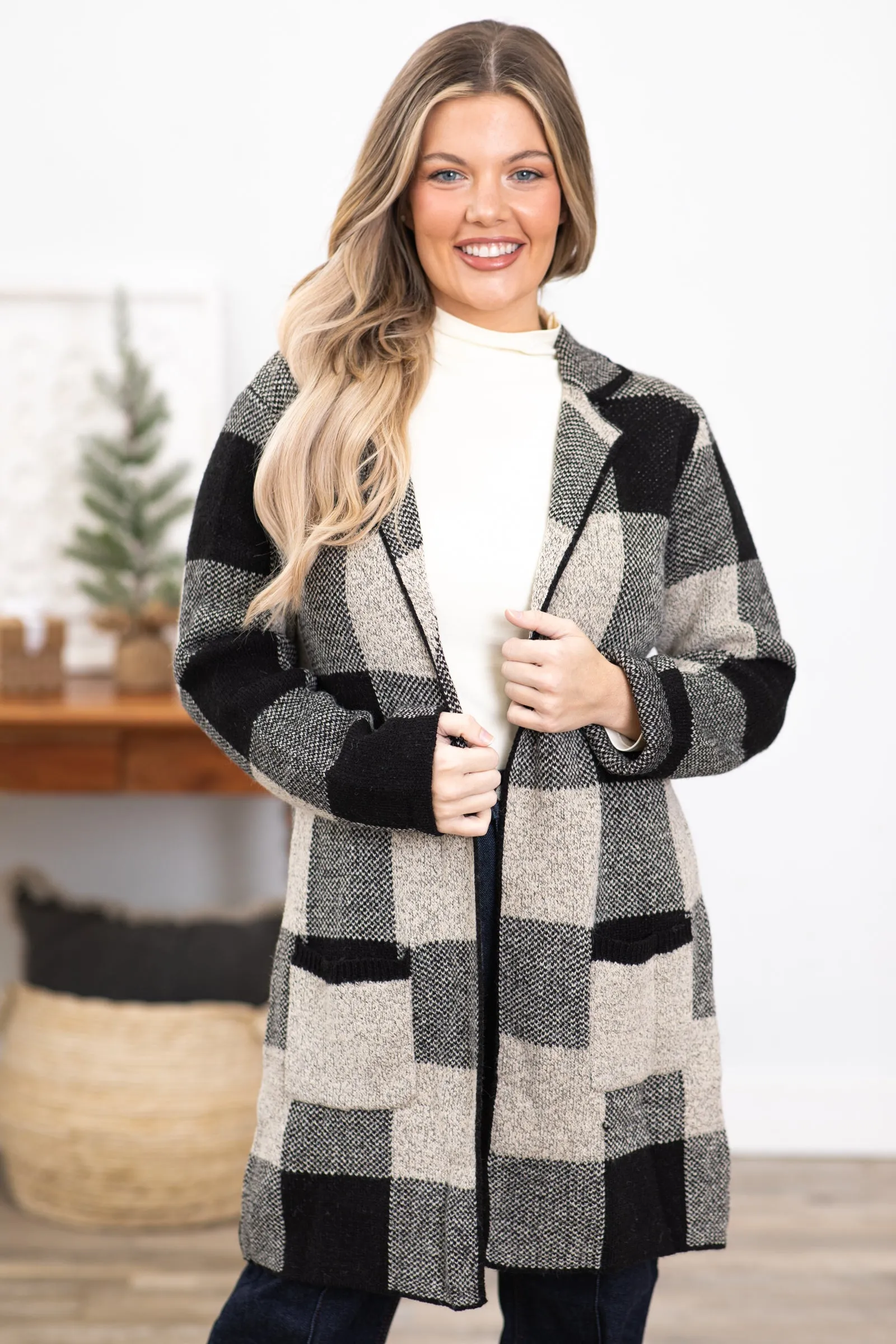 Black and Beige Buffalo Plaid Long Cardigan