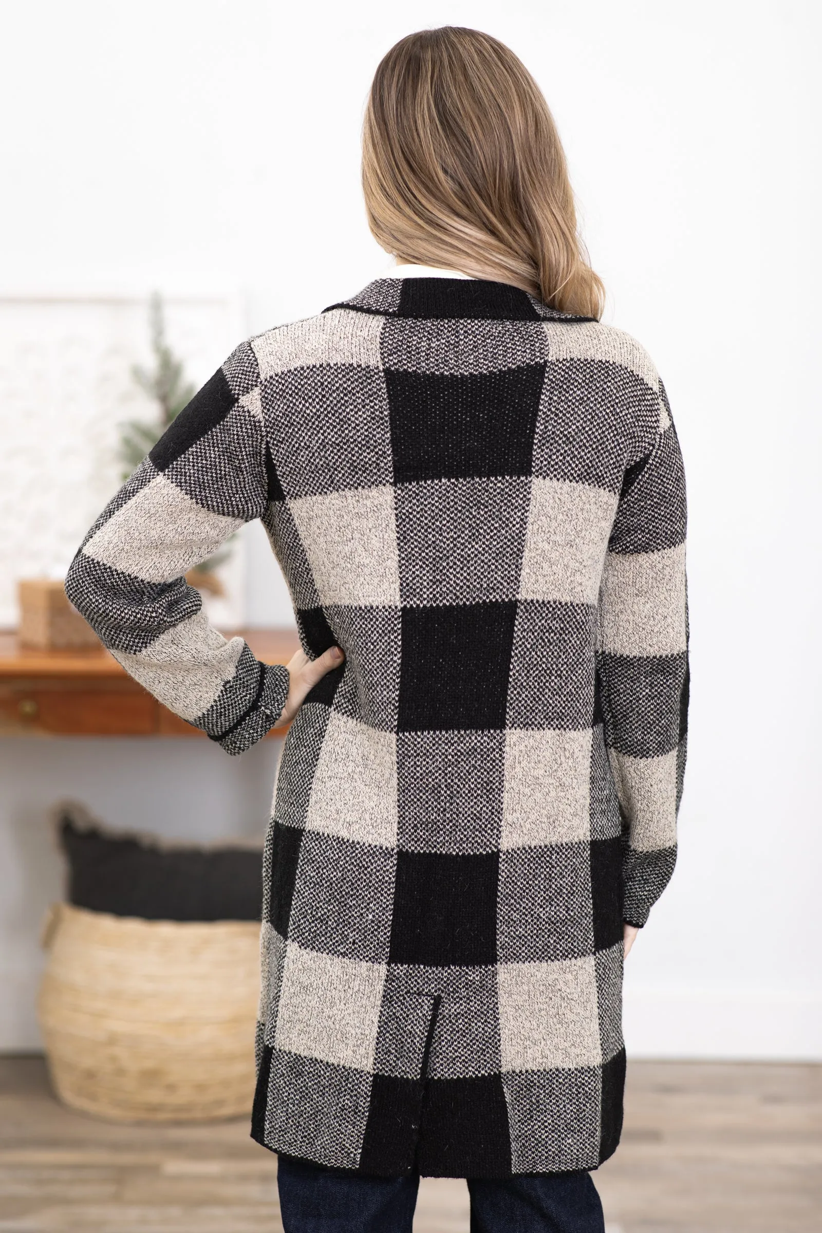 Black and Beige Buffalo Plaid Long Cardigan