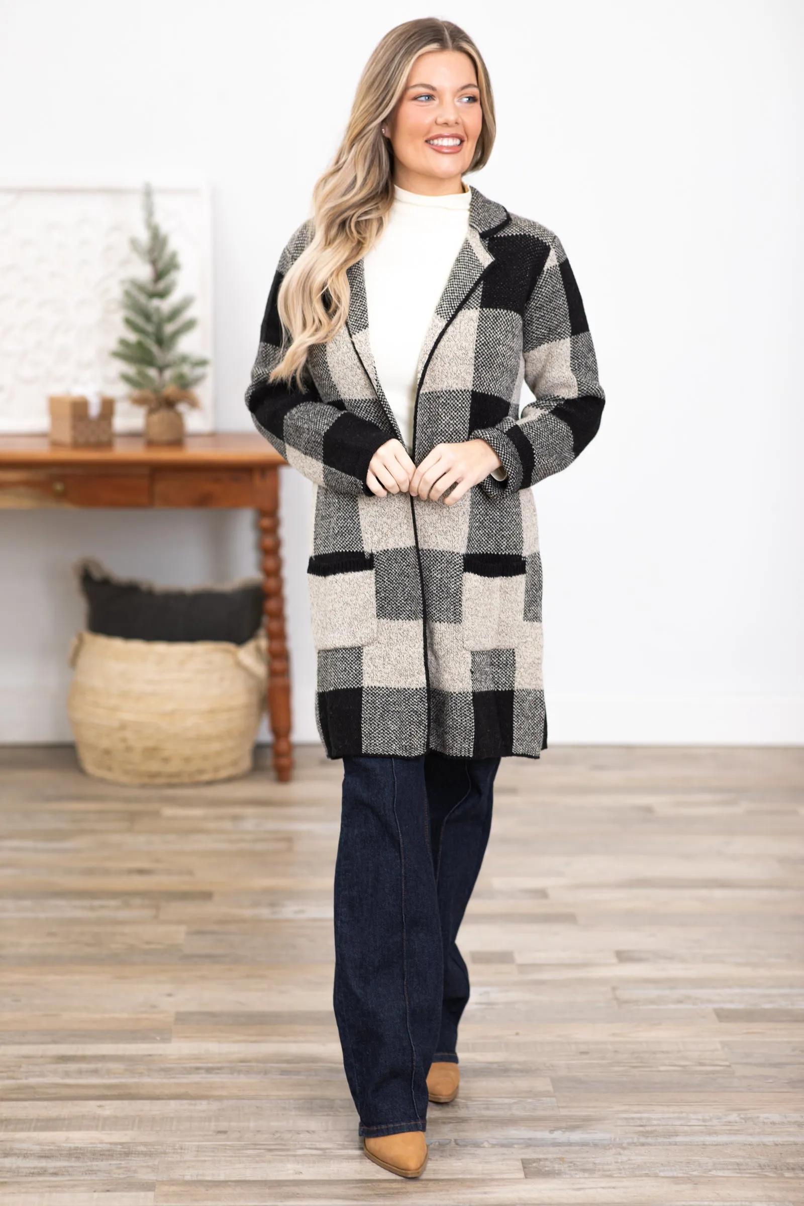 Black and Beige Buffalo Plaid Long Cardigan
