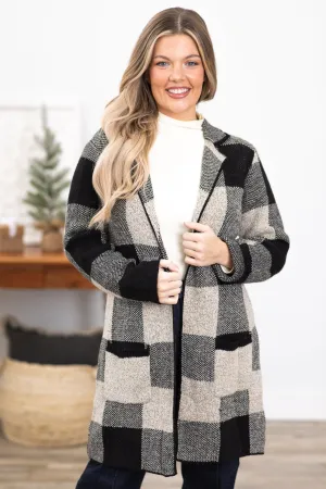 Black and Beige Buffalo Plaid Long Cardigan