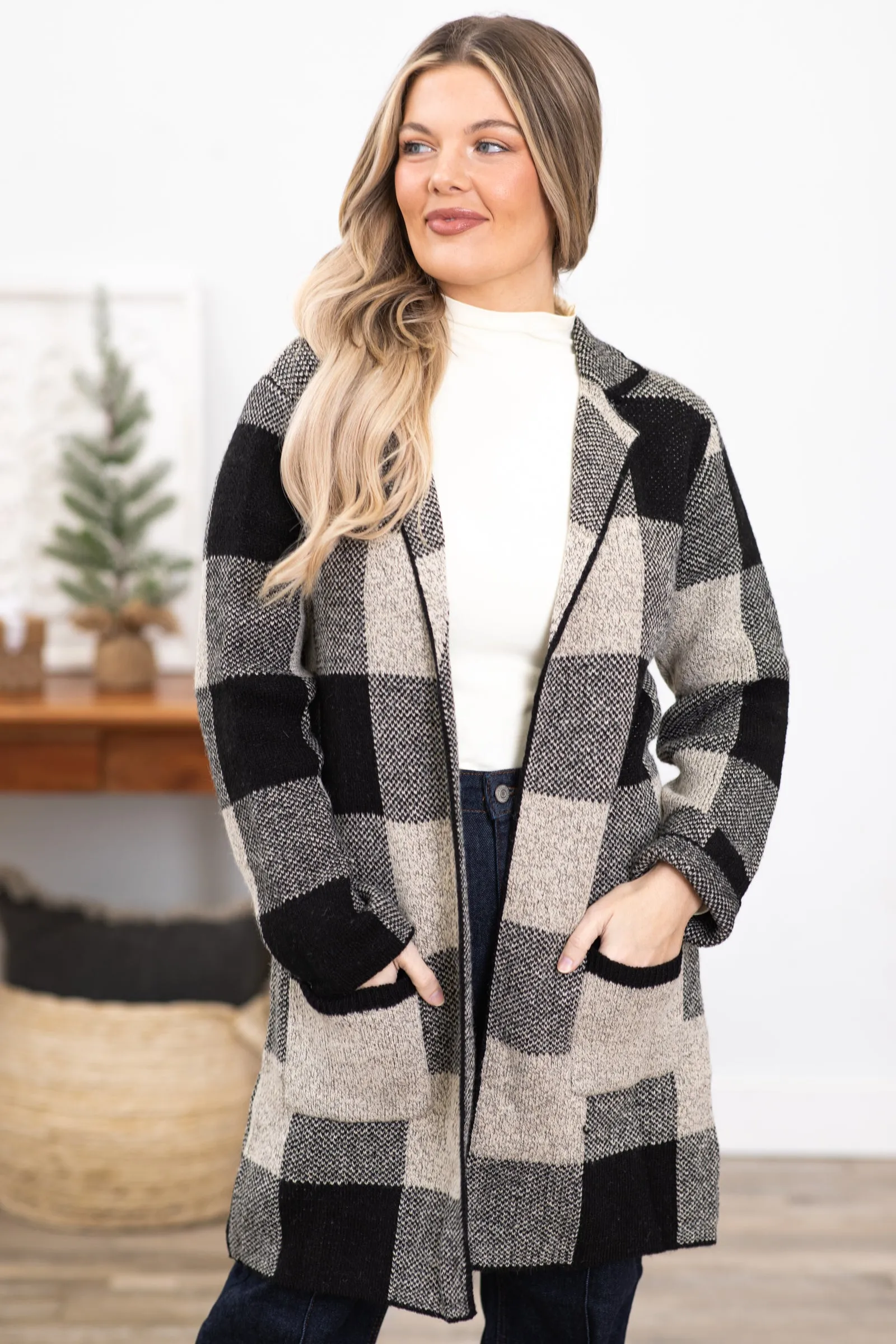 Black and Beige Buffalo Plaid Long Cardigan