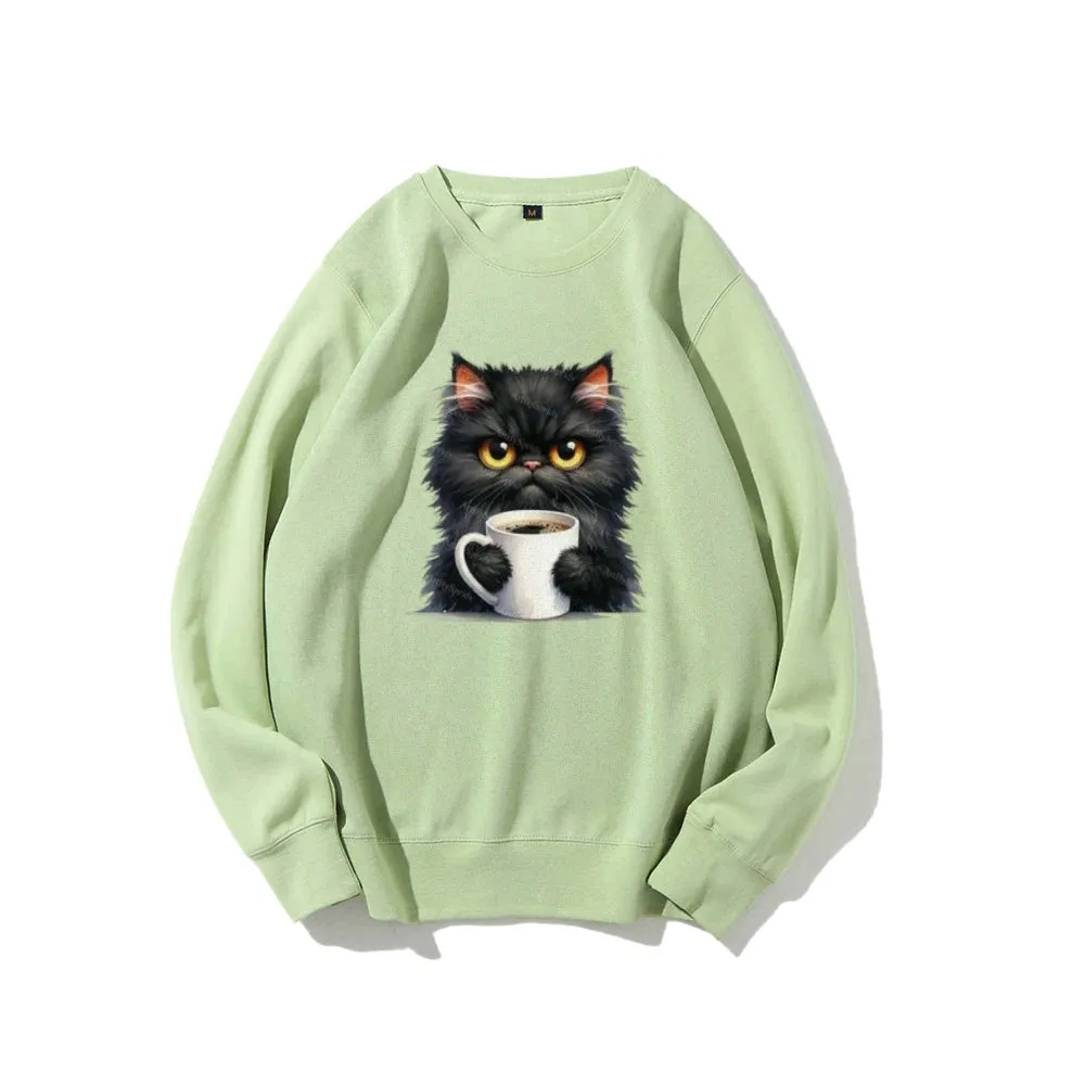 Black Cat with Coffee Cup Graphic Sweatshirts