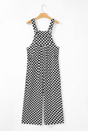 Black Checkered Print Pocketed Wide Leg Jumpsuit