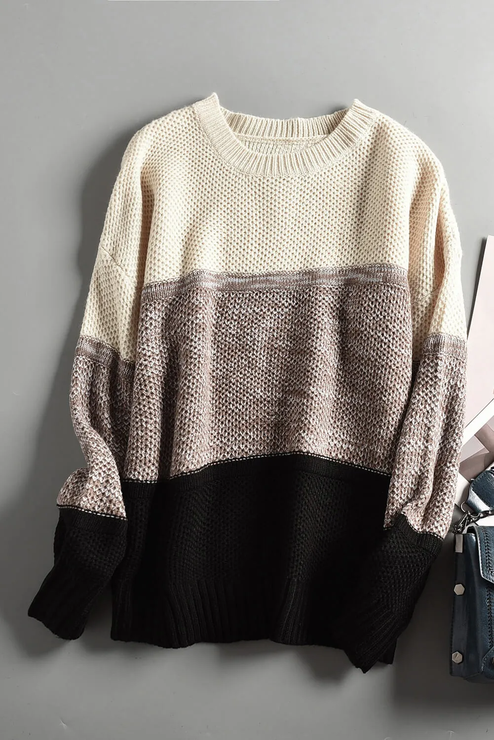 Black Color Block Netted Texture Pullover Sweater