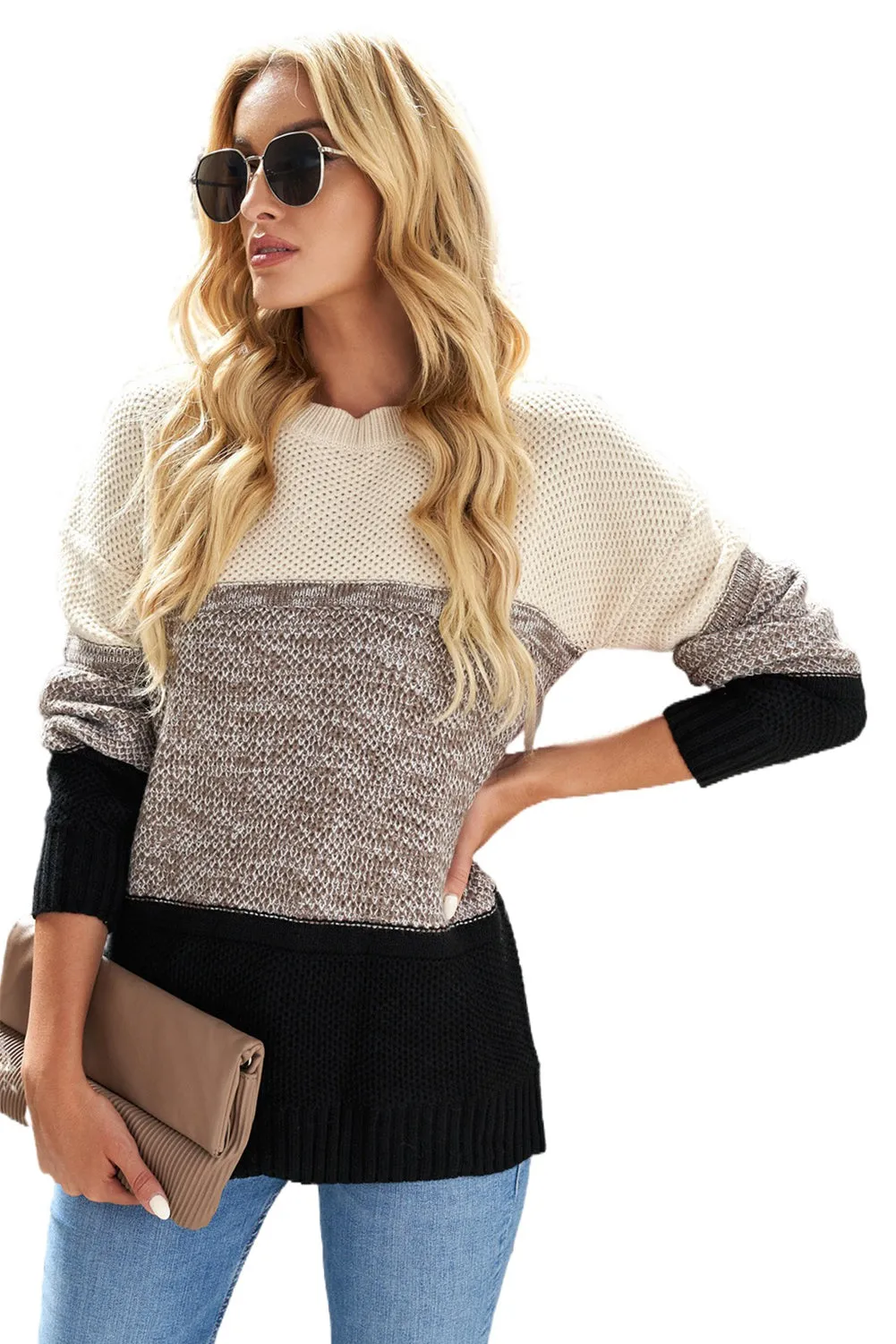 Black Color Block Netted Texture Pullover Sweater