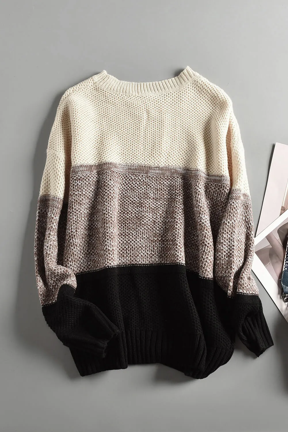 Black Color Block Netted Texture Pullover Sweater