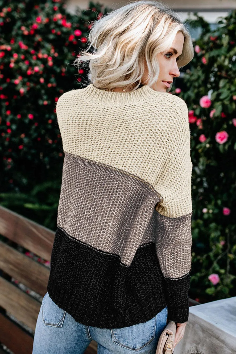 Black Color Block Netted Texture Pullover Sweater