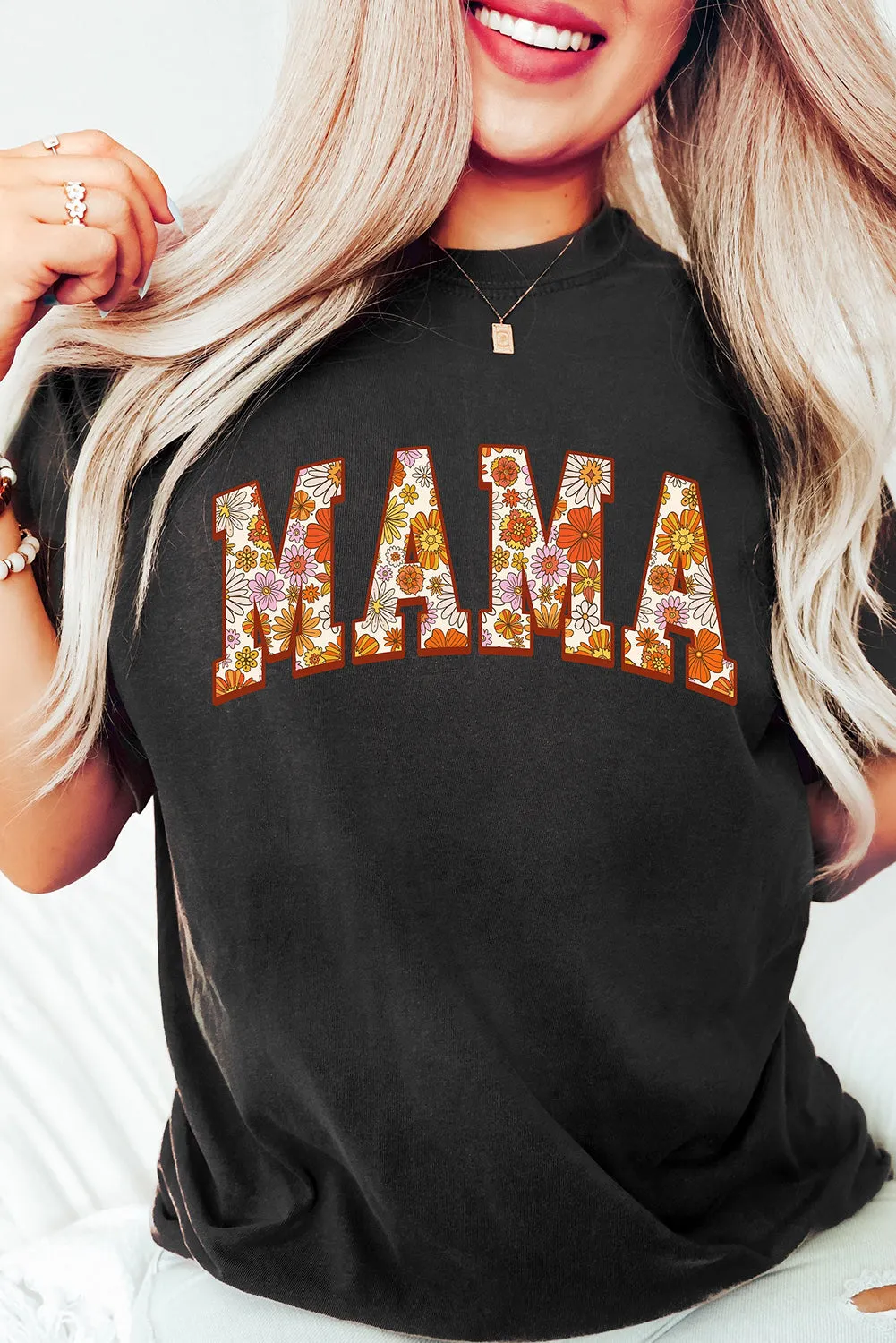 Black Flower Printed Mama Letter Graphic T-shirt