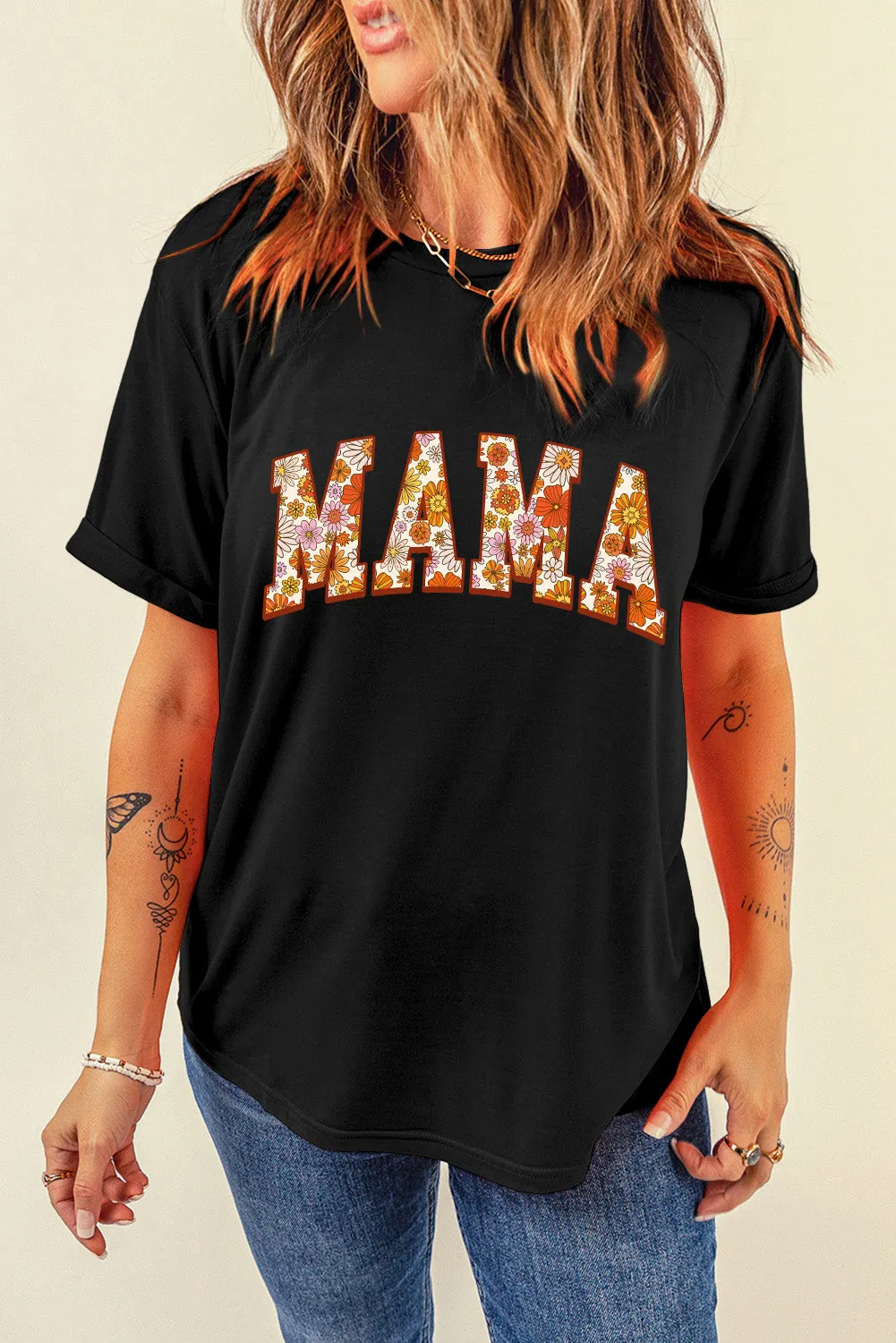Black Flower Printed Mama Letter Graphic T-shirt
