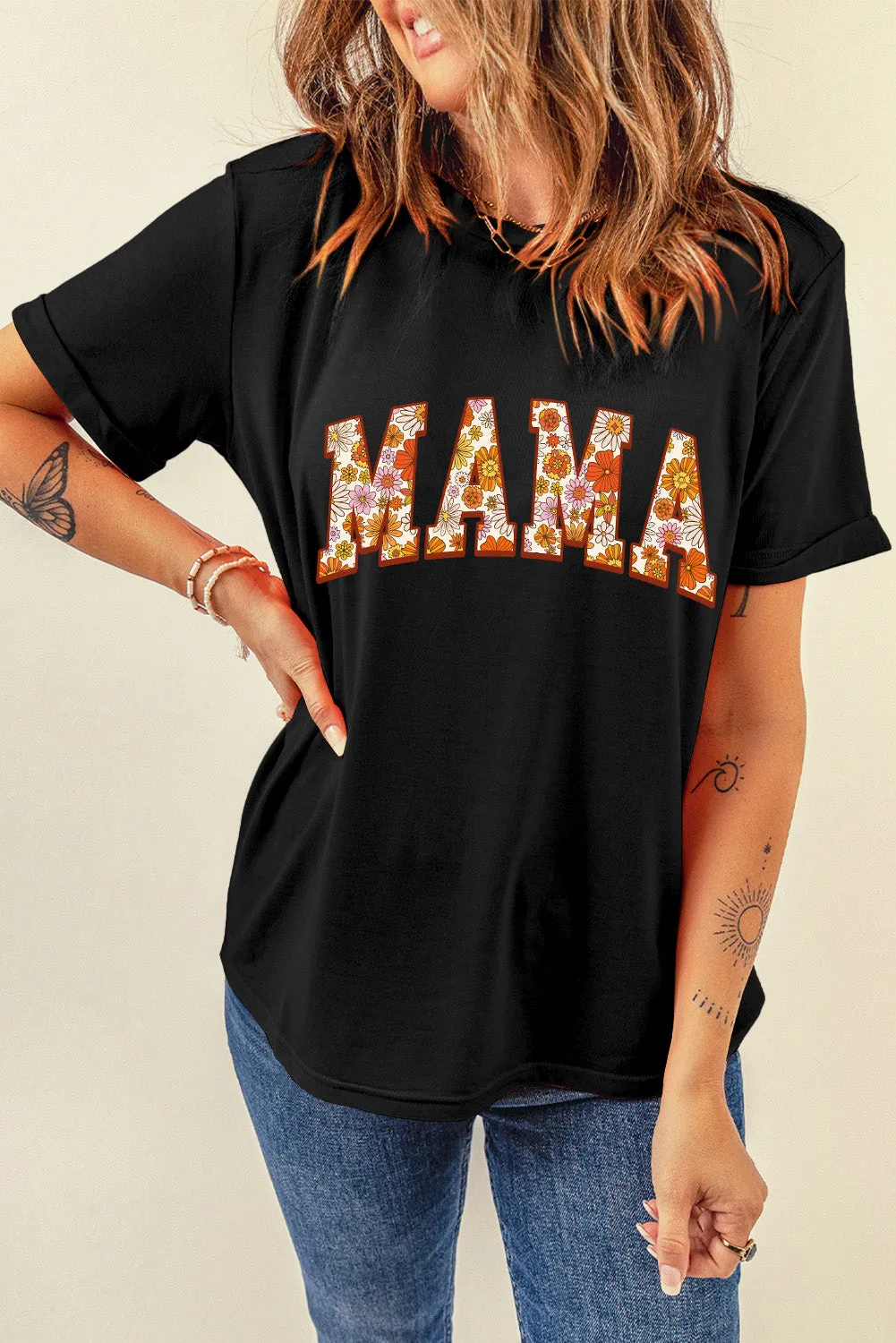 Black Flower Printed Mama Letter Graphic T-shirt