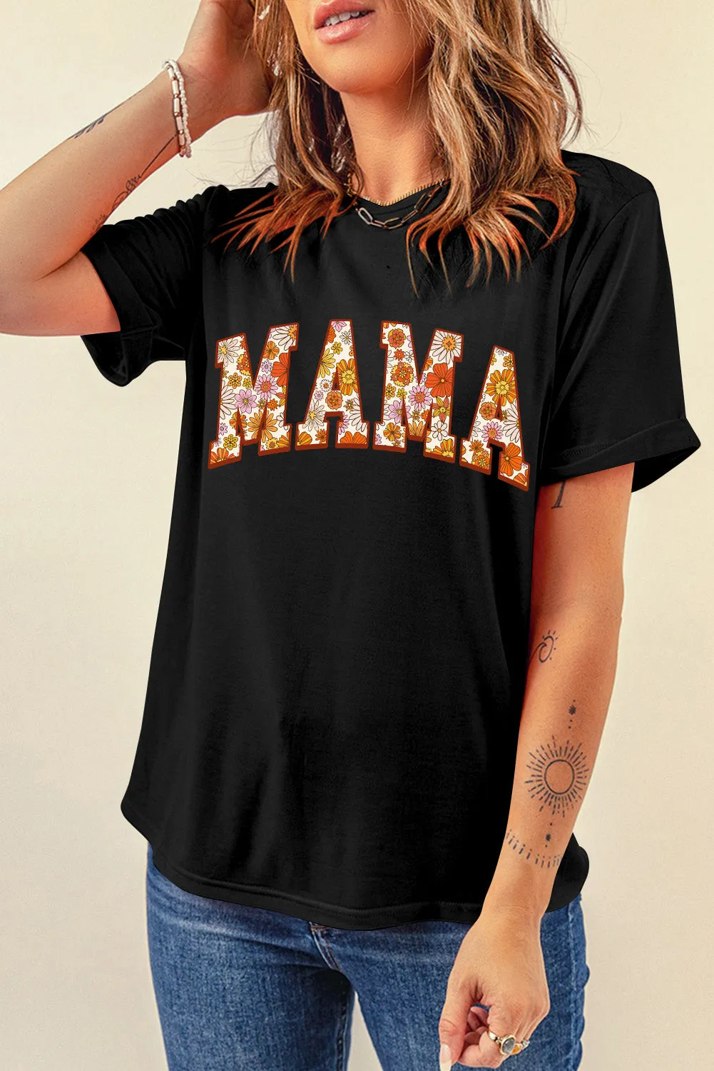 Black Flower Printed Mama Letter Graphic T-shirt