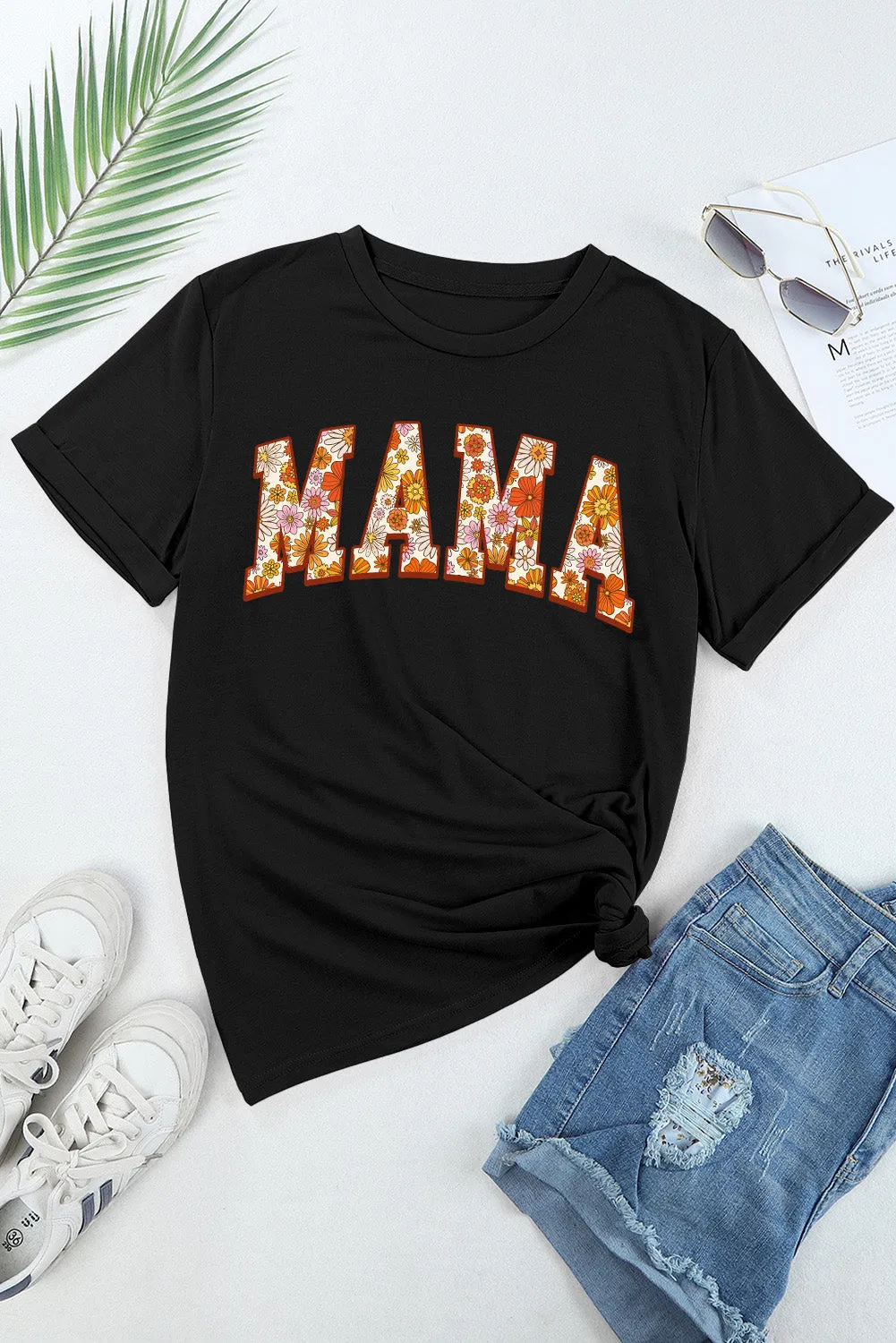 Black Flower Printed Mama Letter Graphic T-shirt