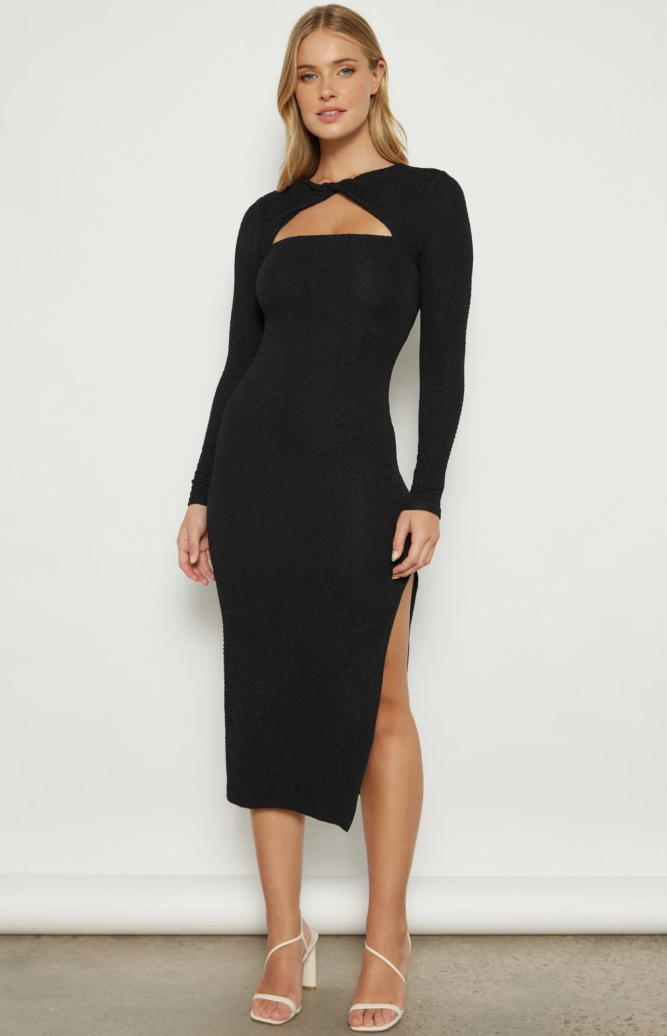 Black Front Twist Neckline Jersey Midi Dress