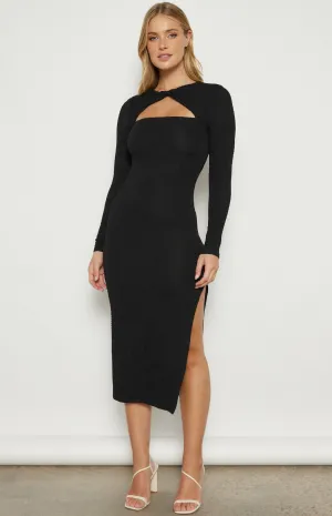 Black Front Twist Neckline Jersey Midi Dress