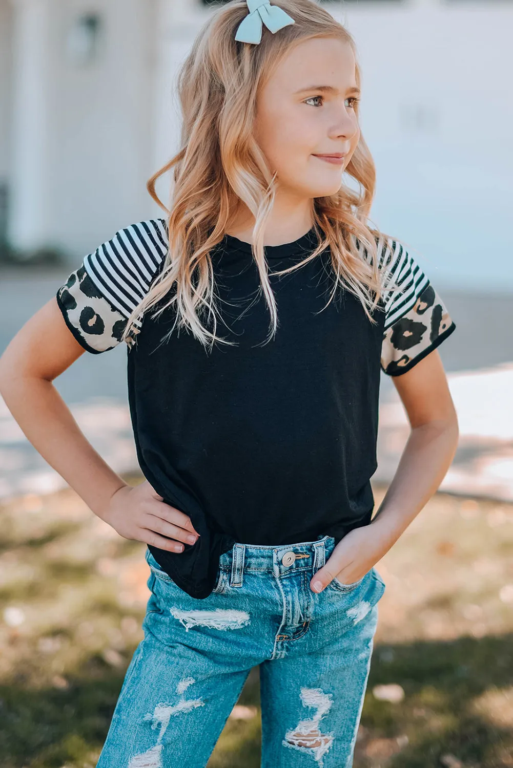 Black Girls’ T-shirt with Striped Leopard Sleeve