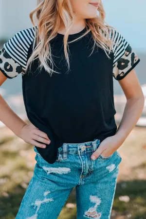 Black Girls’ T-shirt with Striped Leopard Sleeve