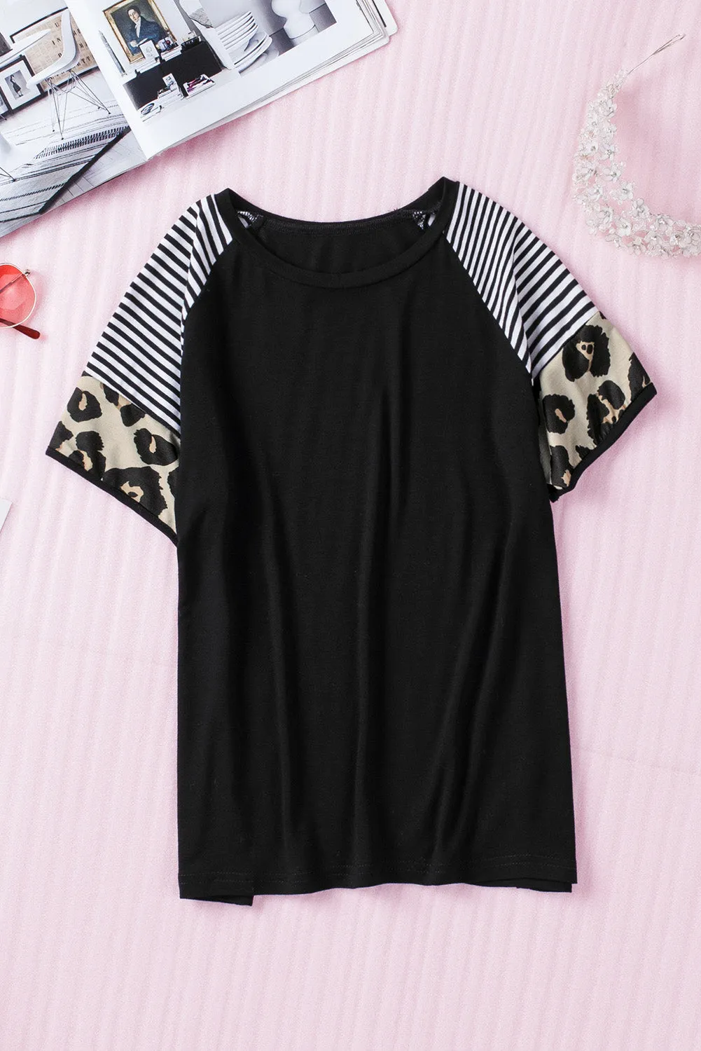 Black Girls’ T-shirt with Striped Leopard Sleeve