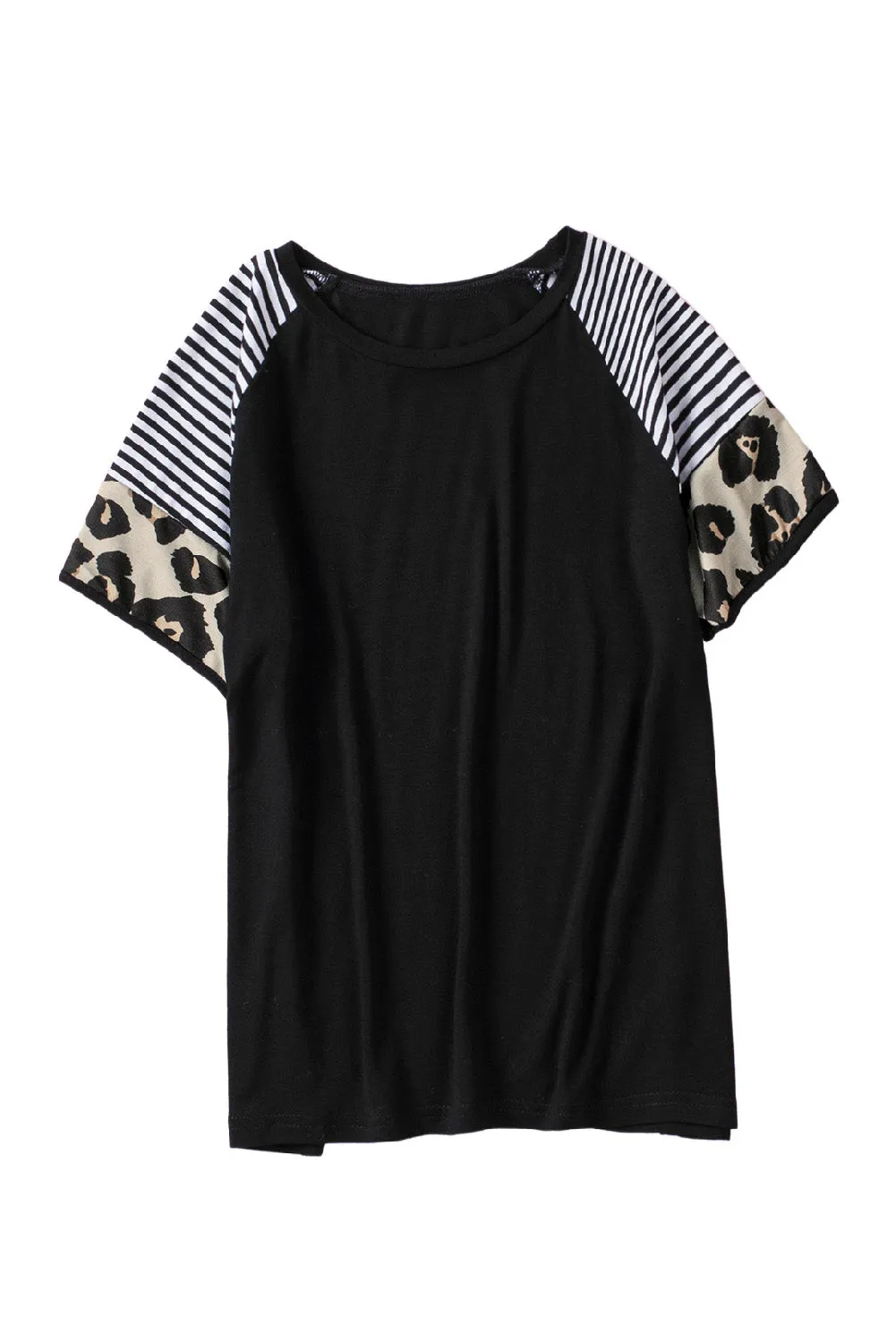 Black Girls’ T-shirt with Striped Leopard Sleeve