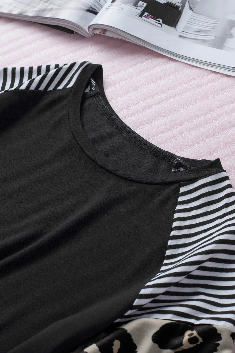 Black Girls’ T-shirt with Striped Leopard Sleeve