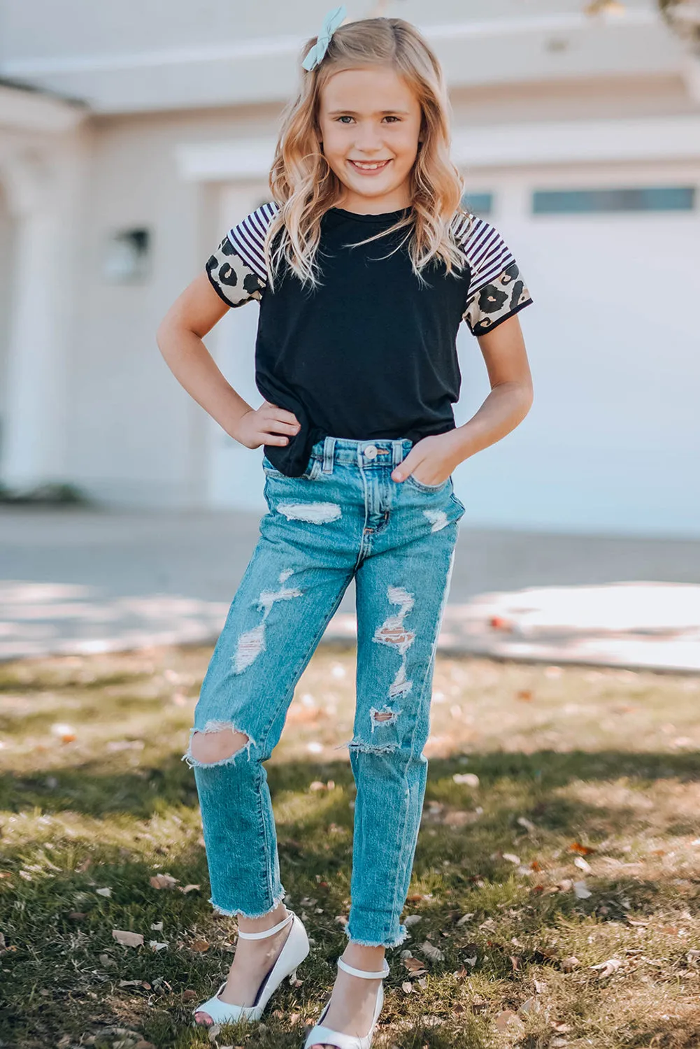Black Girls’ T-shirt with Striped Leopard Sleeve