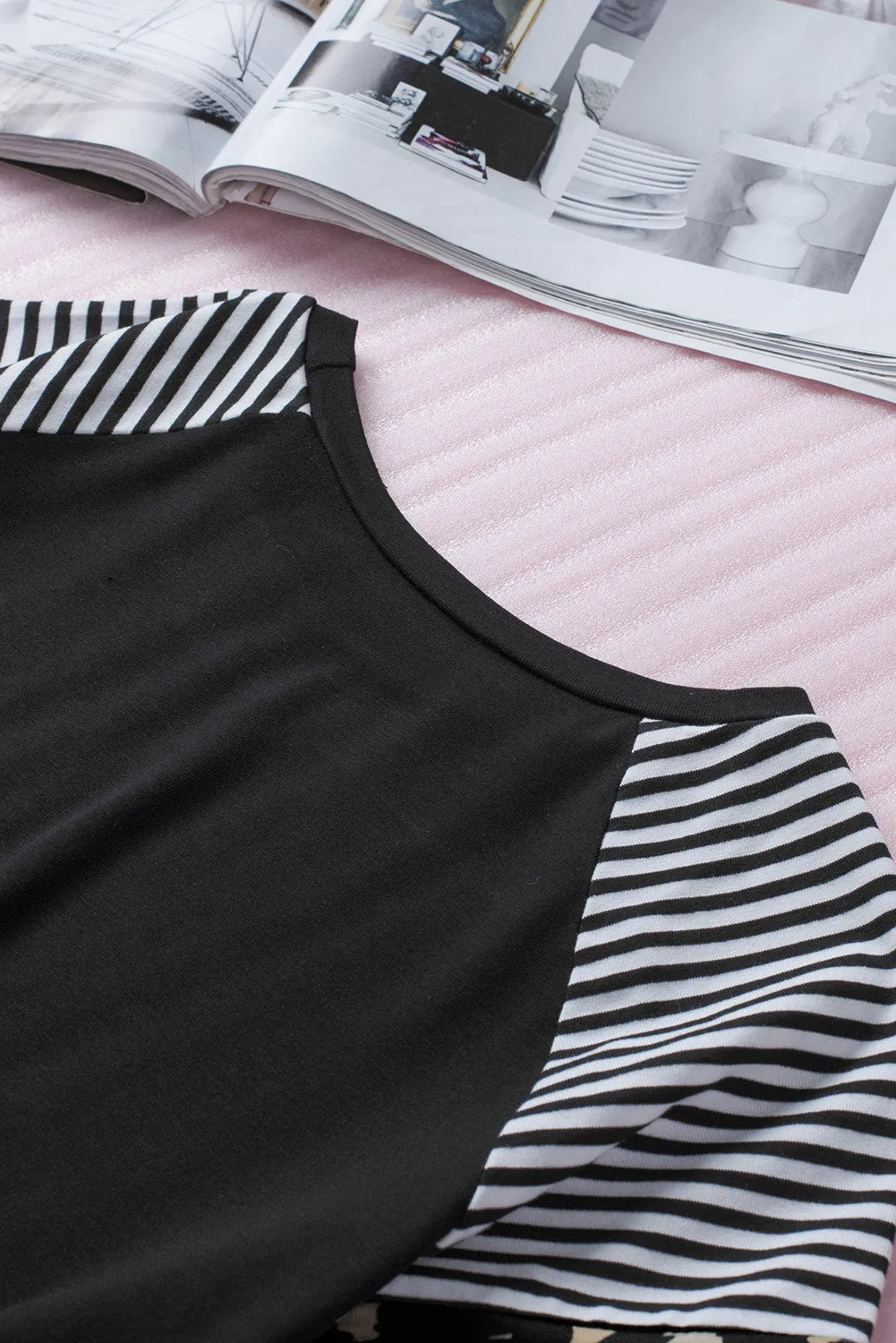 Black Girls’ T-shirt with Striped Leopard Sleeve