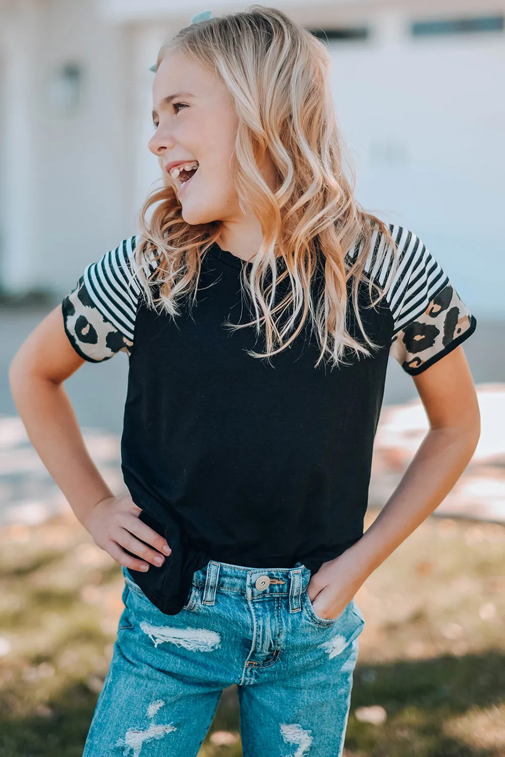 Black Girls’ T-shirt with Striped Leopard Sleeve