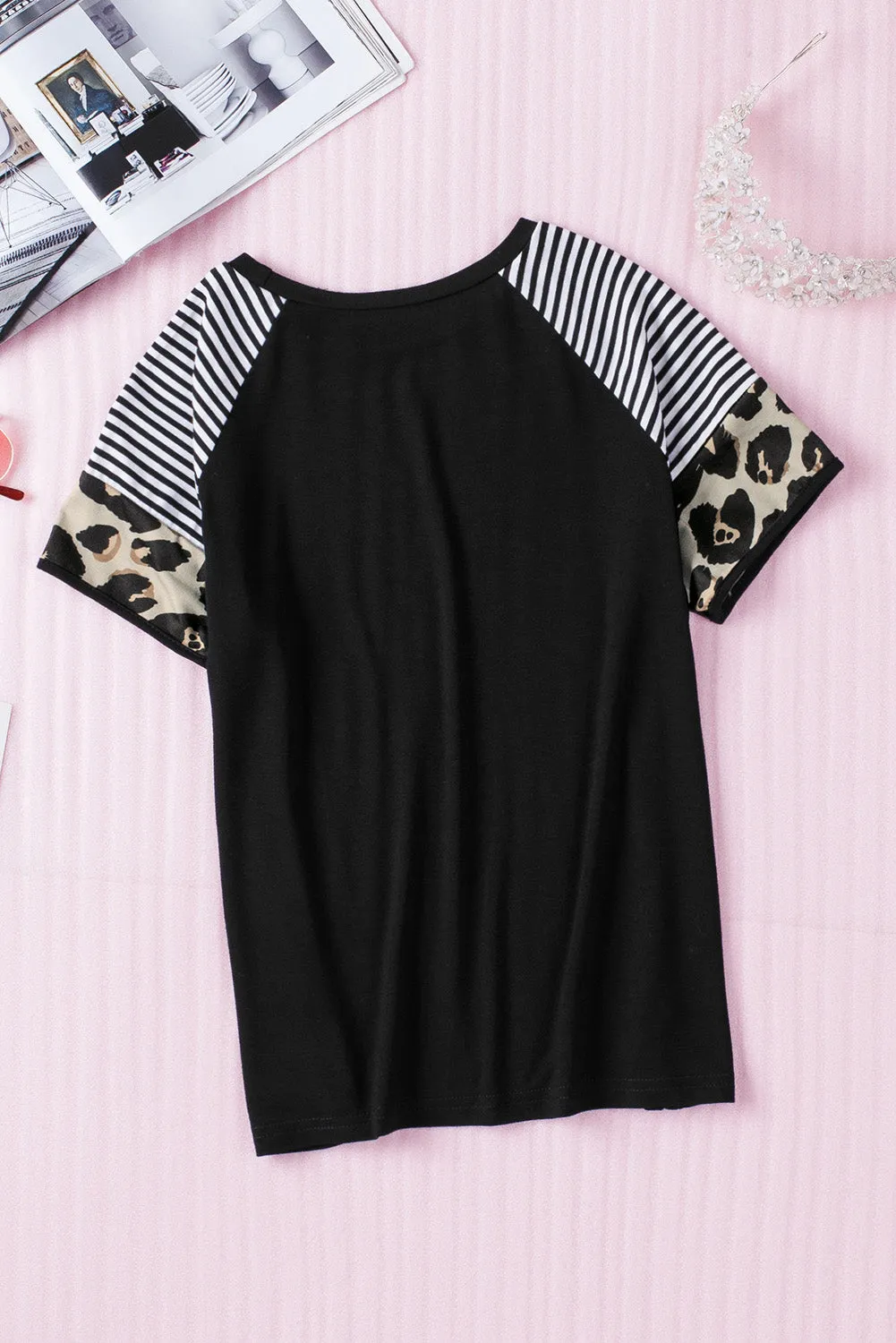 Black Girls’ T-shirt with Striped Leopard Sleeve