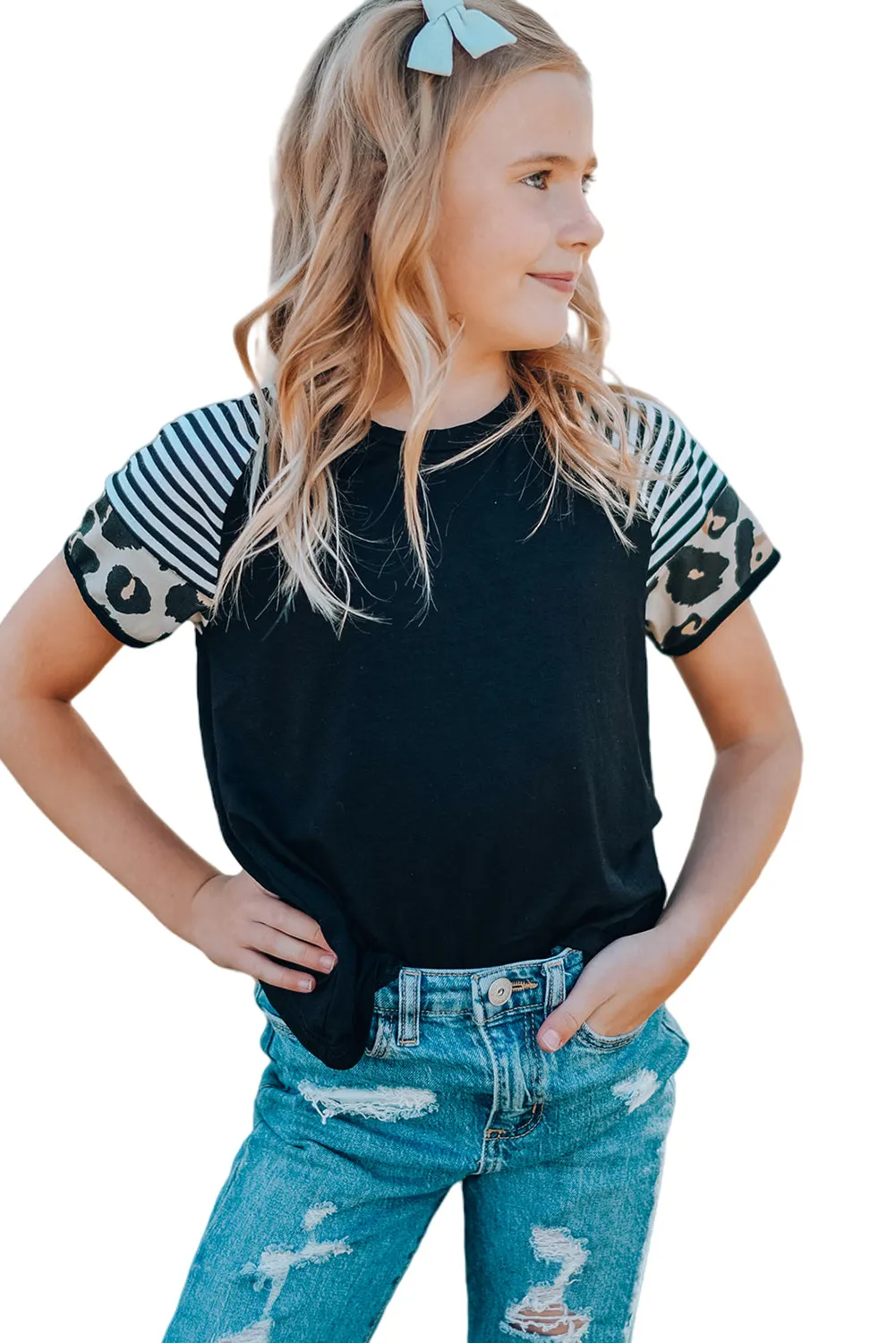 Black Girls’ T-shirt with Striped Leopard Sleeve