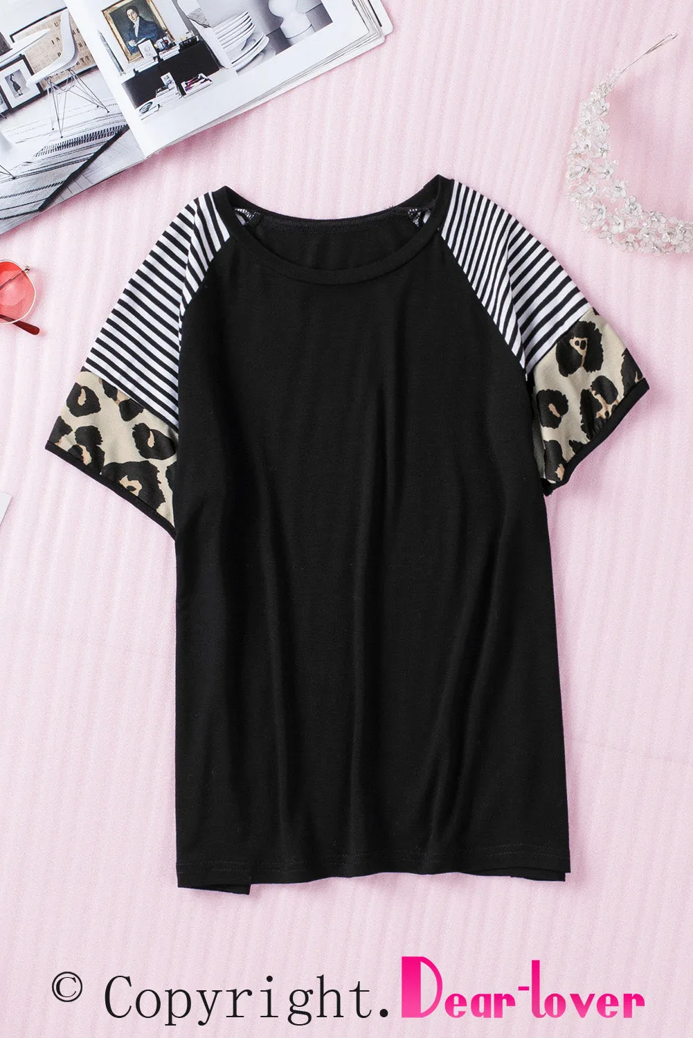Black Girls’ T-shirt with Striped Leopard Sleeve