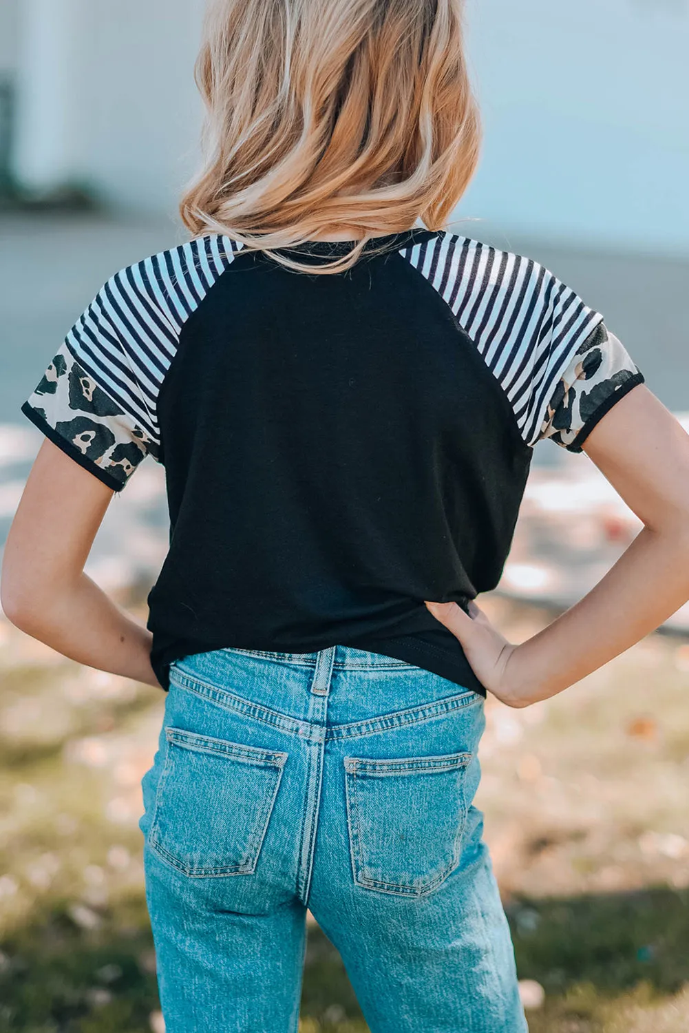 Black Girls’ T-shirt with Striped Leopard Sleeve