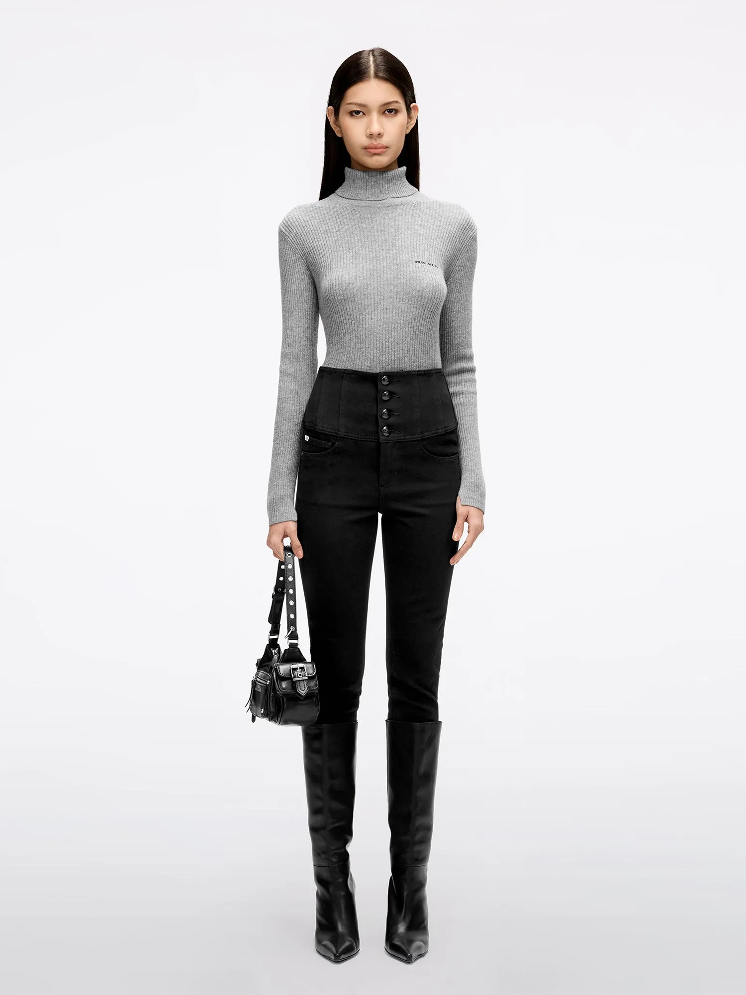Black High Waisted Slim Fit Jeans With Four Buttons