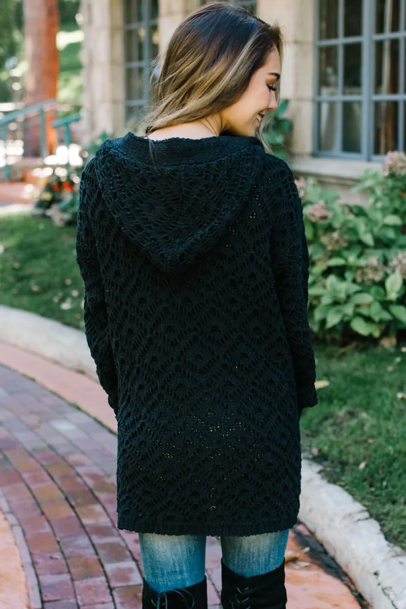 Black Knit Hooded Cardigan