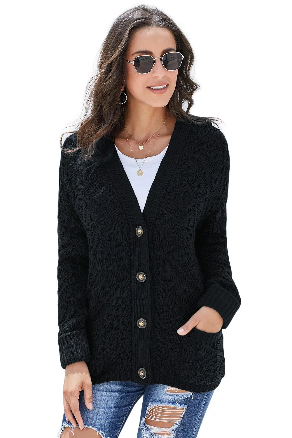 Black Knit Hooded Cardigan