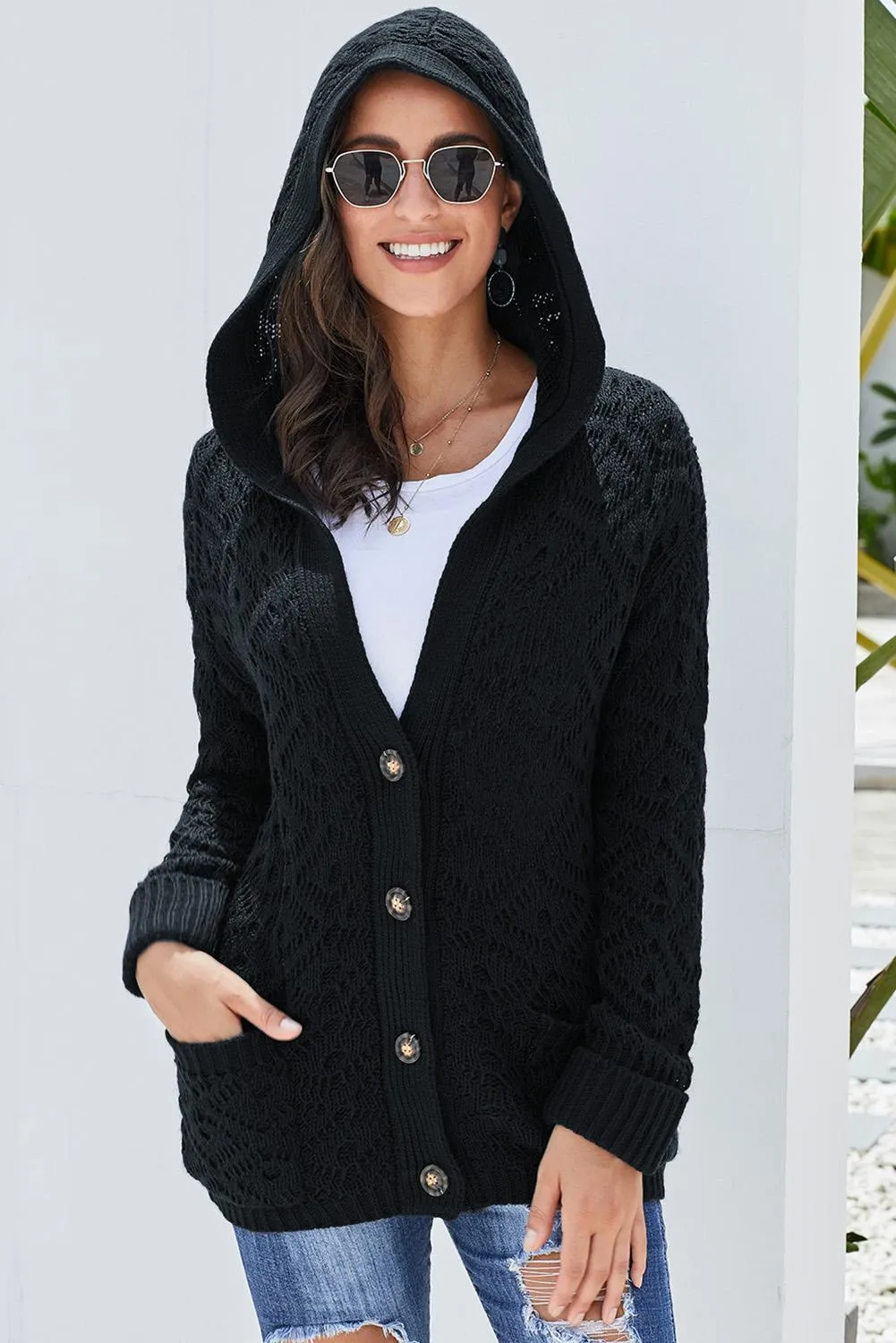 Black Knit Hooded Cardigan