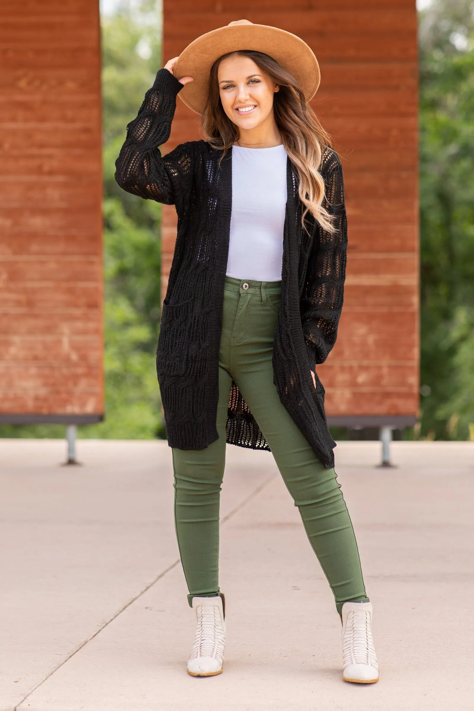 Black Pointelle Cardigan With Pockets