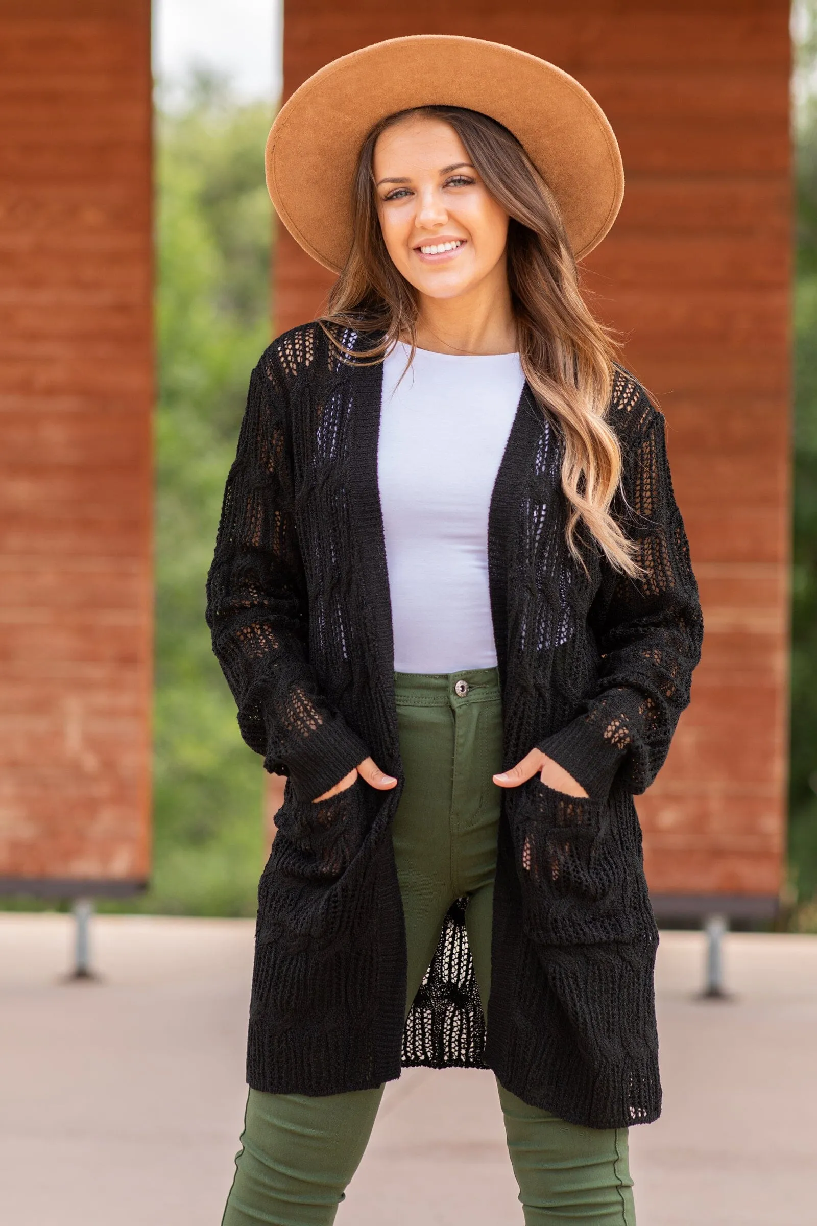 Black Pointelle Cardigan With Pockets