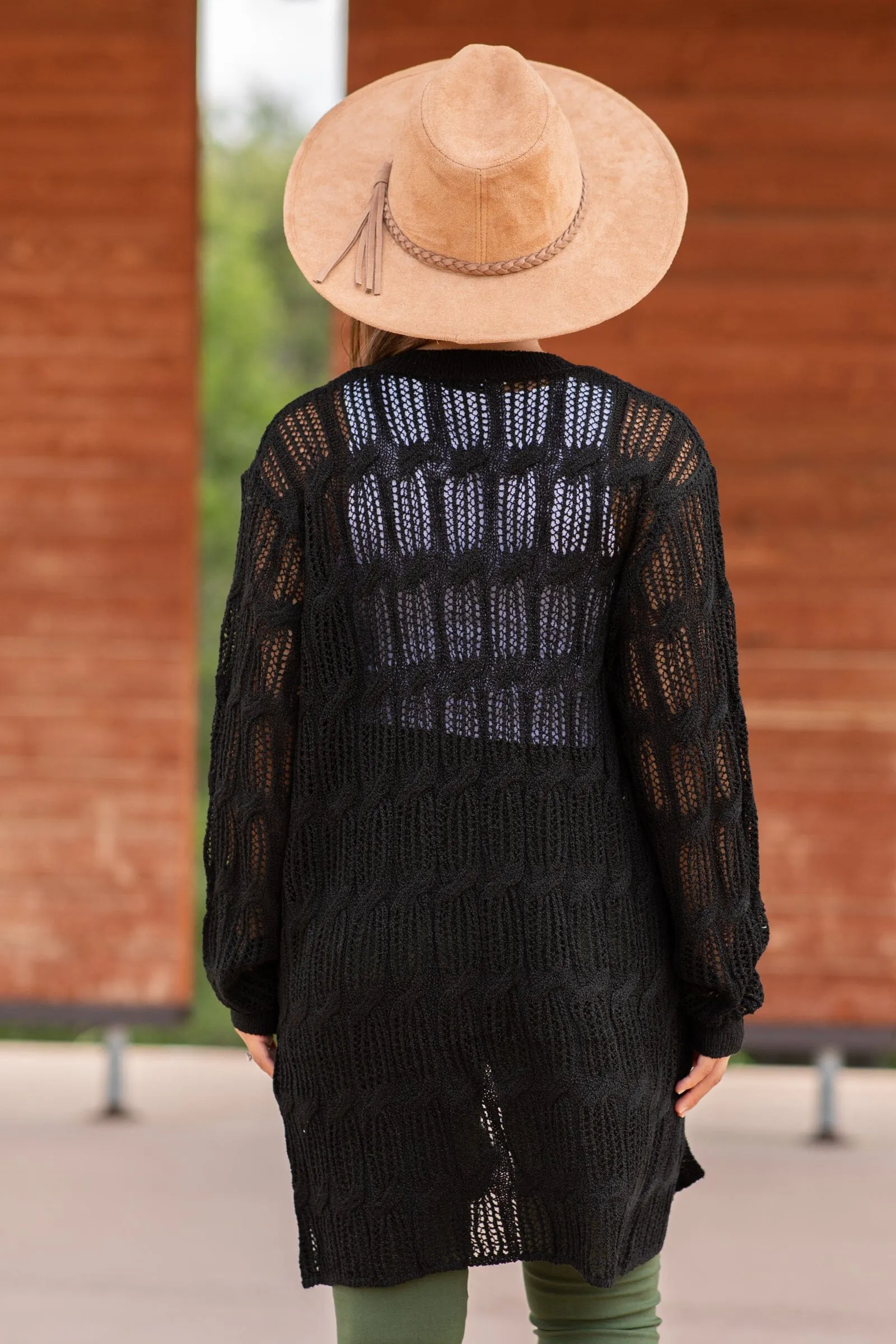 Black Pointelle Cardigan With Pockets