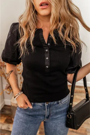 Black Ribbed Patchwork Puff Sleeve Half Button Placket Slim Fit Top