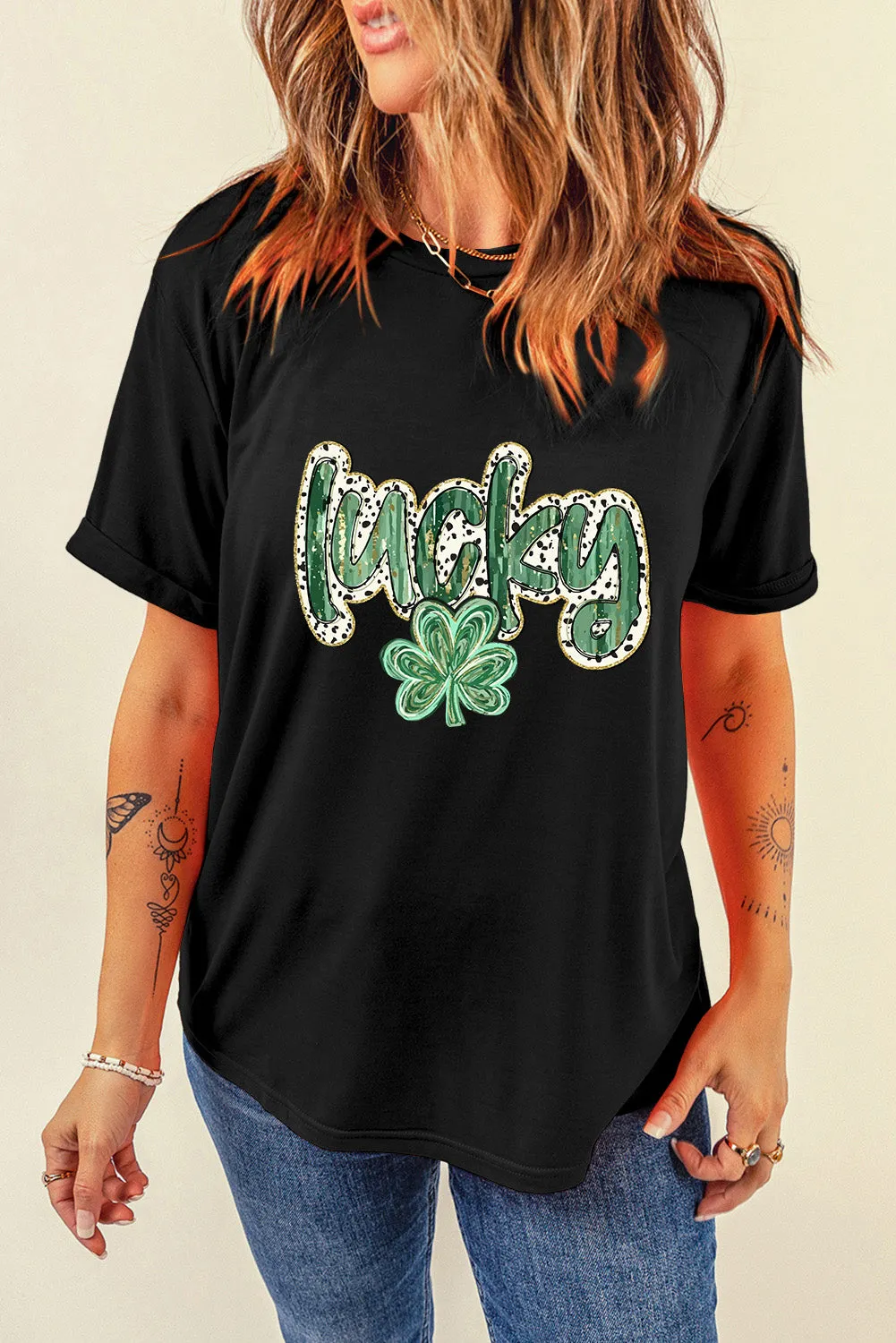 Black St Patricks Lucky Clover Pattern Casual T Shirt
