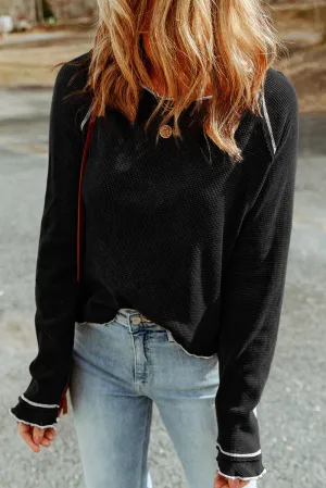Black Textured Round Neck Long Sleeve Top