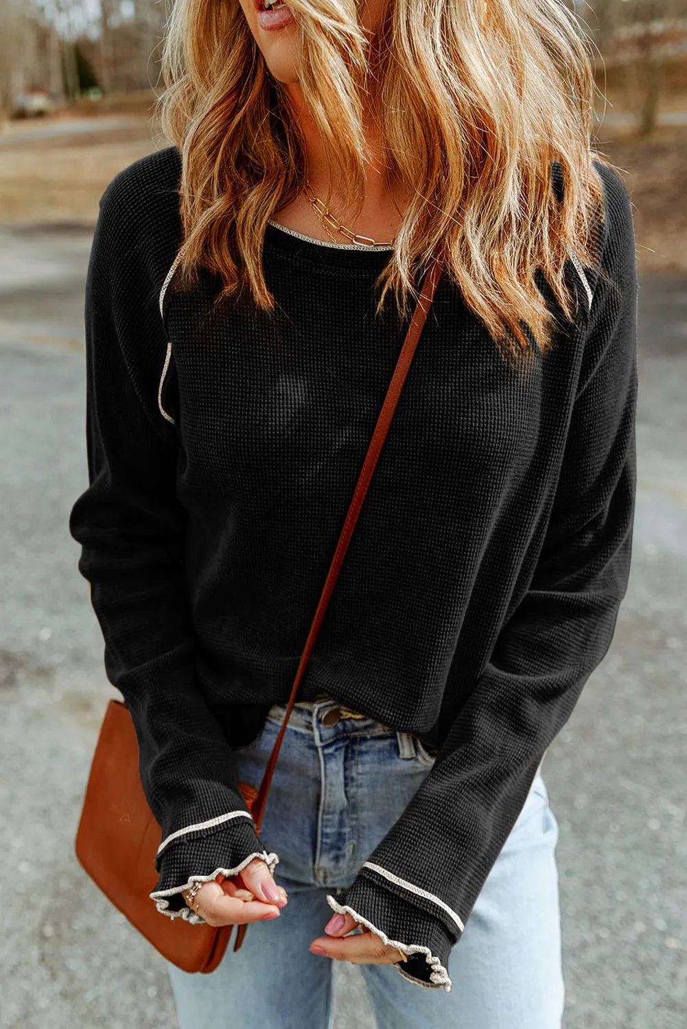 Black Textured Round Neck Long Sleeve Top