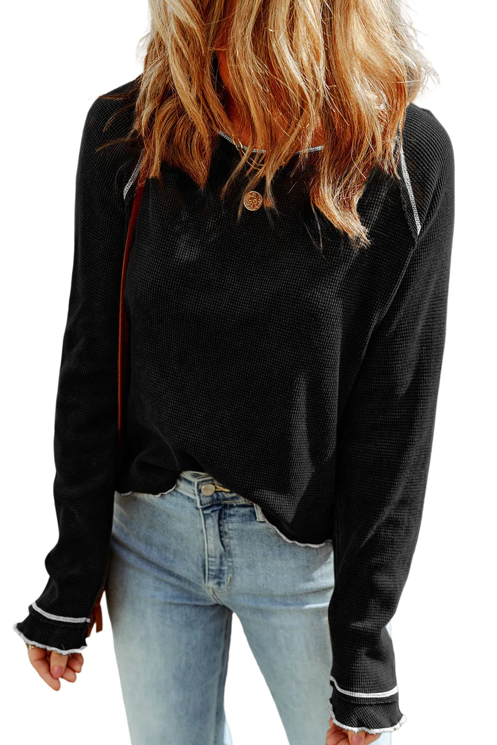 Black Textured Round Neck Long Sleeve Top