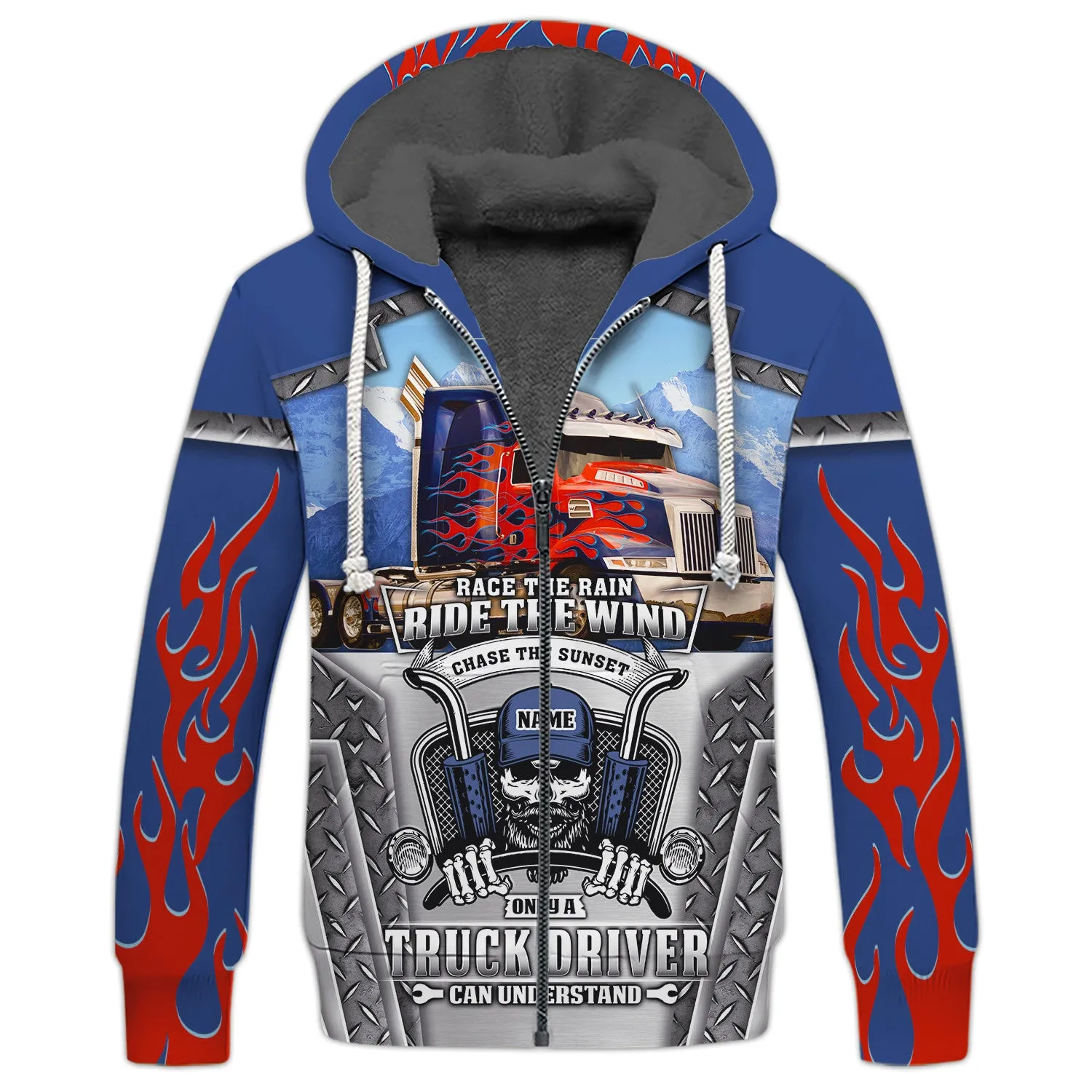Blue & Red Fire Trucker 3D All Over Printed Hoodie, 3D Zipper Hoodie,...
