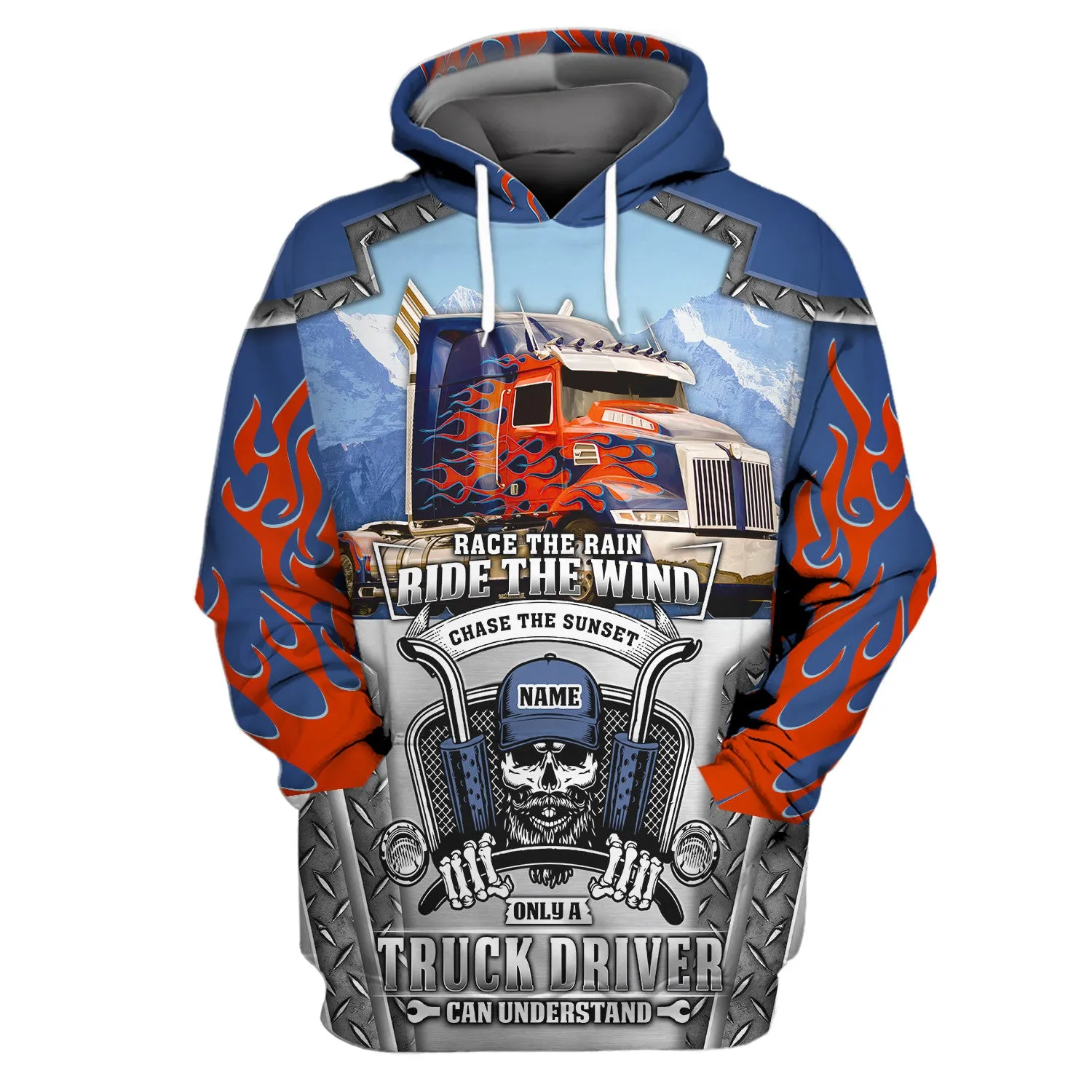 Blue & Red Fire Trucker 3D All Over Printed Hoodie, 3D Zipper Hoodie,...