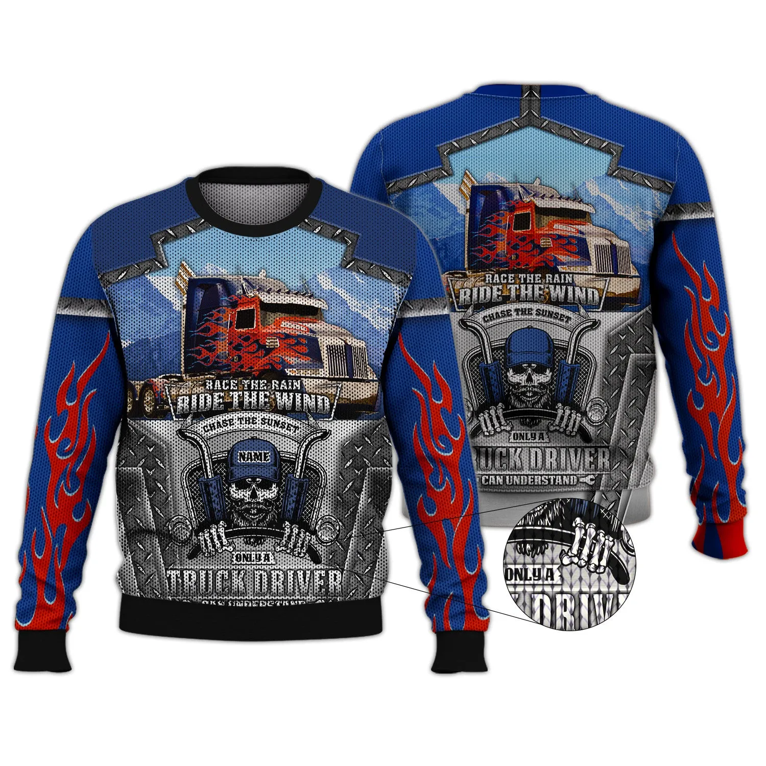 Blue & Red Fire Trucker 3D All Over Printed Hoodie, 3D Zipper Hoodie,...