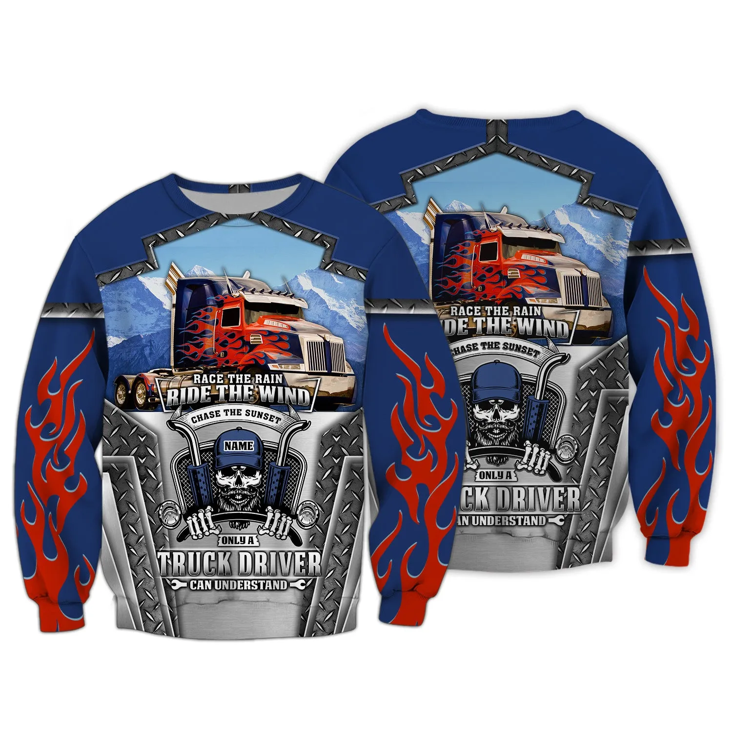 Blue & Red Fire Trucker 3D All Over Printed Hoodie, 3D Zipper Hoodie,...