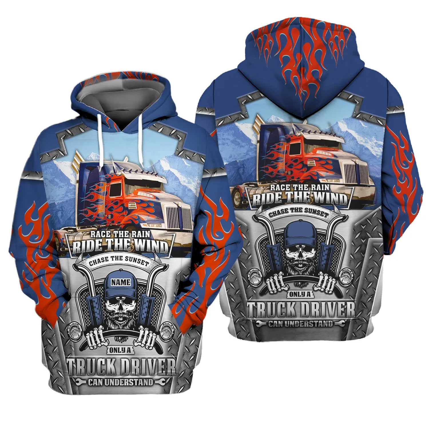 Blue & Red Fire Trucker 3D All Over Printed Hoodie, 3D Zipper Hoodie,...
