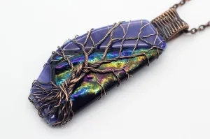 Blue and Multi-color Dichroic Black Fused Glass Pendant with Copper Tree of Life
