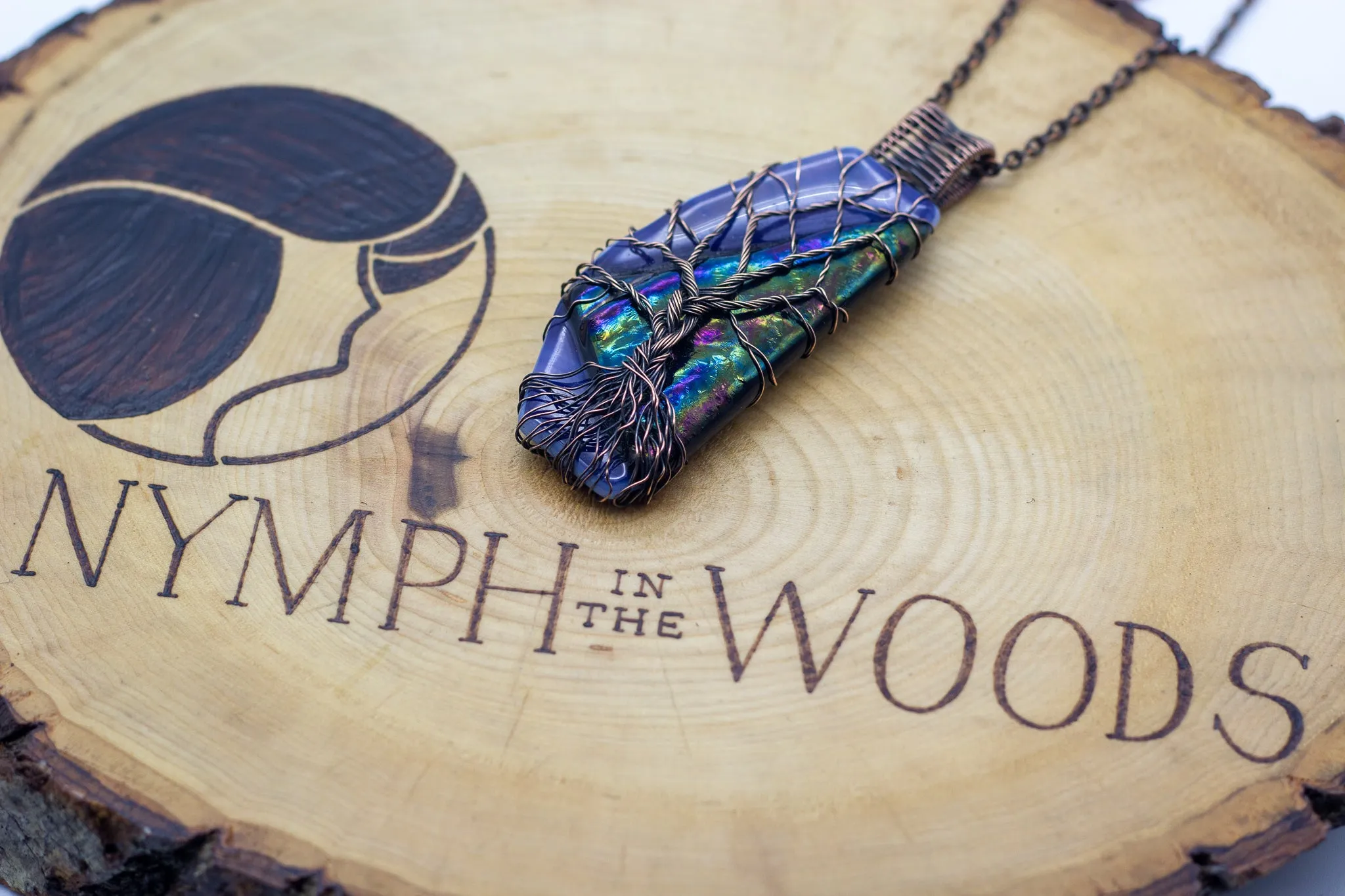 Blue and Multi-color Dichroic Black Fused Glass Pendant with Copper Tree of Life