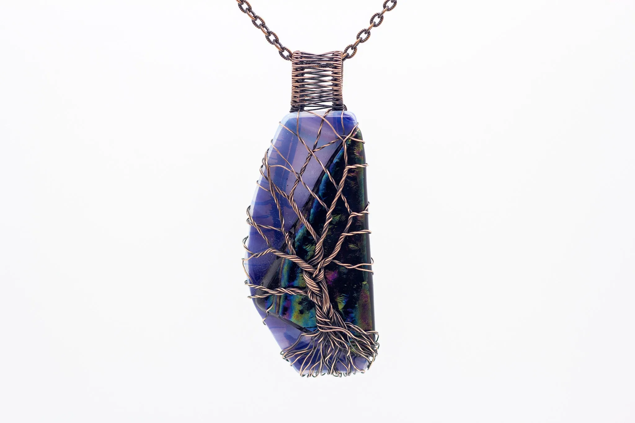 Blue and Multi-color Dichroic Black Fused Glass Pendant with Copper Tree of Life